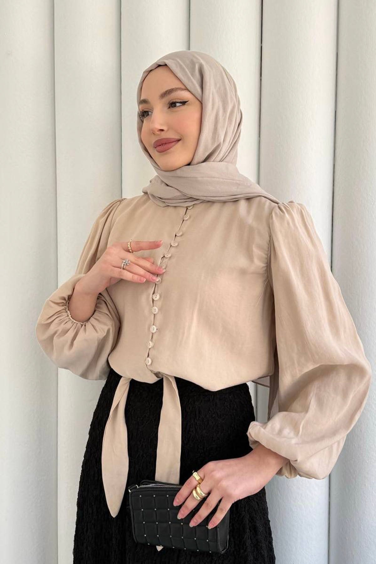 Balon Kol Etek Ucu Bağlamalı Bluz-TAŞ