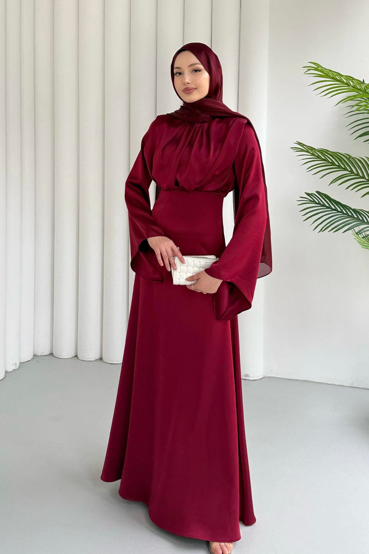 Balon Kol Önü Pileli Saten Tesettür Abiye-BORDO