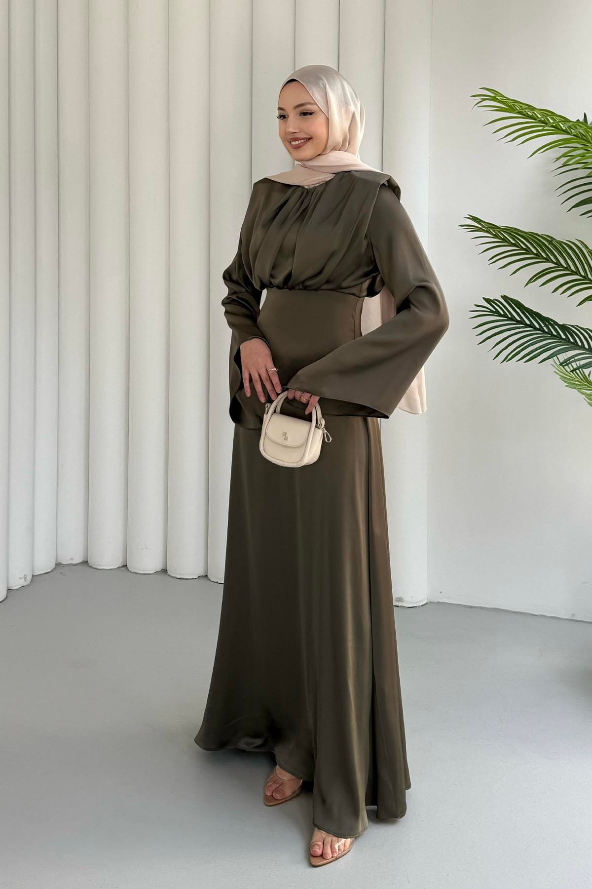 Balon Kol Önü Pileli Saten Tesettür Abiye-HAKİ YEŞİL