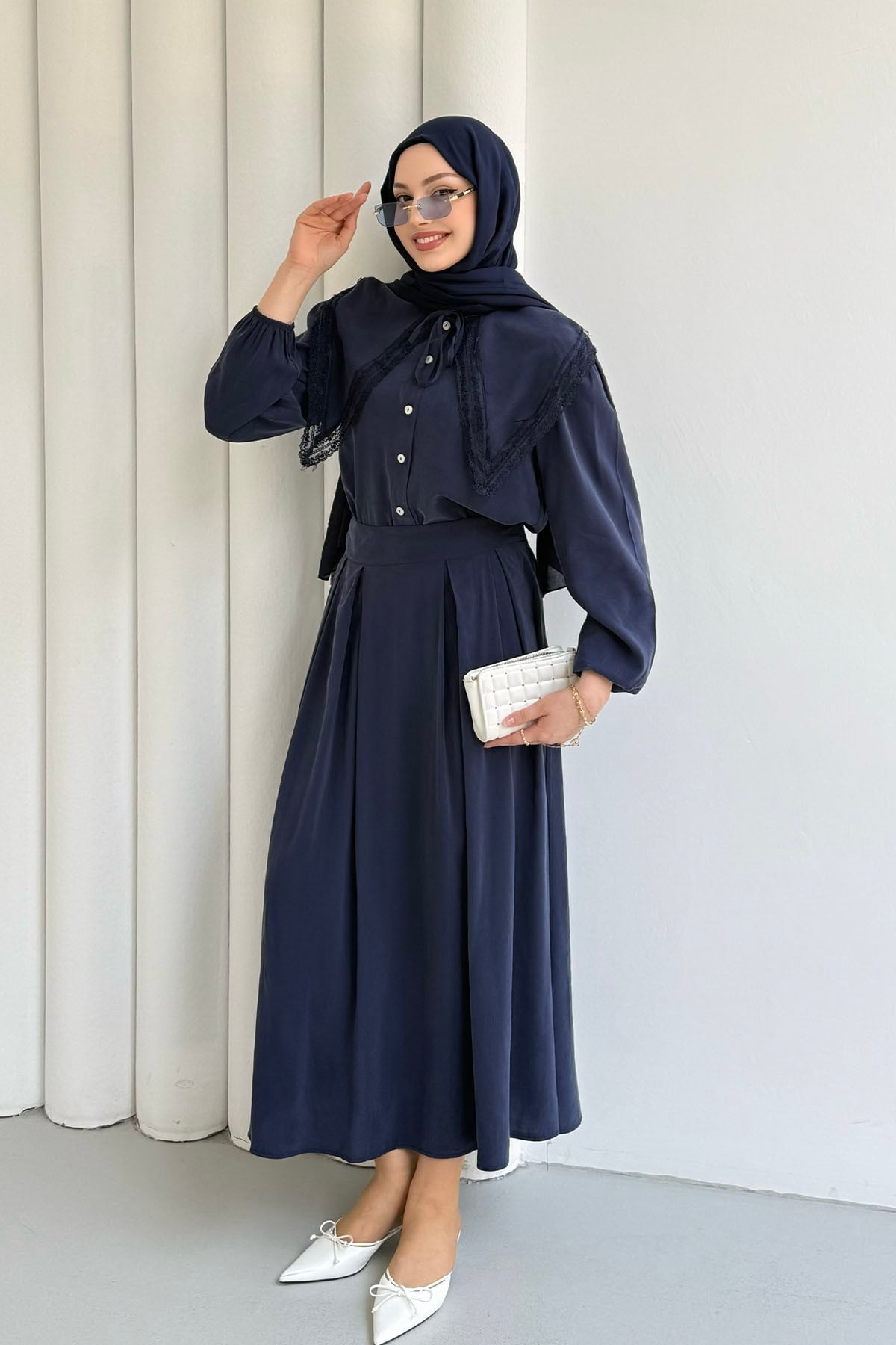 Bebe Yaka Dantel Detaylı Etekli Tesettür Takım-LACİVERT