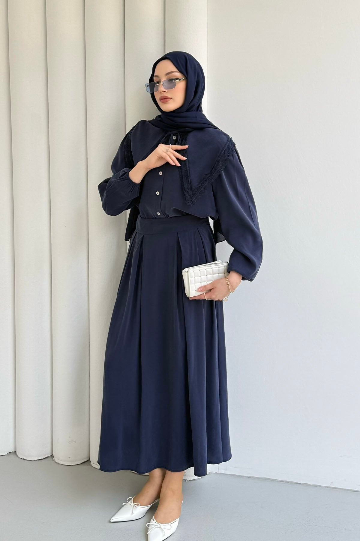 Bebe Yaka Dantel Detaylı Etekli Tesettür Takım-LACİVERT