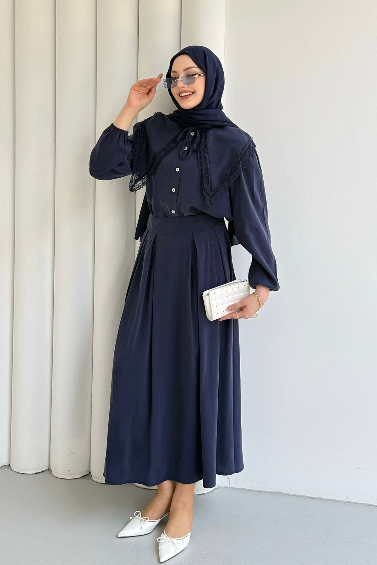 Bebe Yaka Dantel Detaylı Etekli Tesettür Takım-LACİVERT