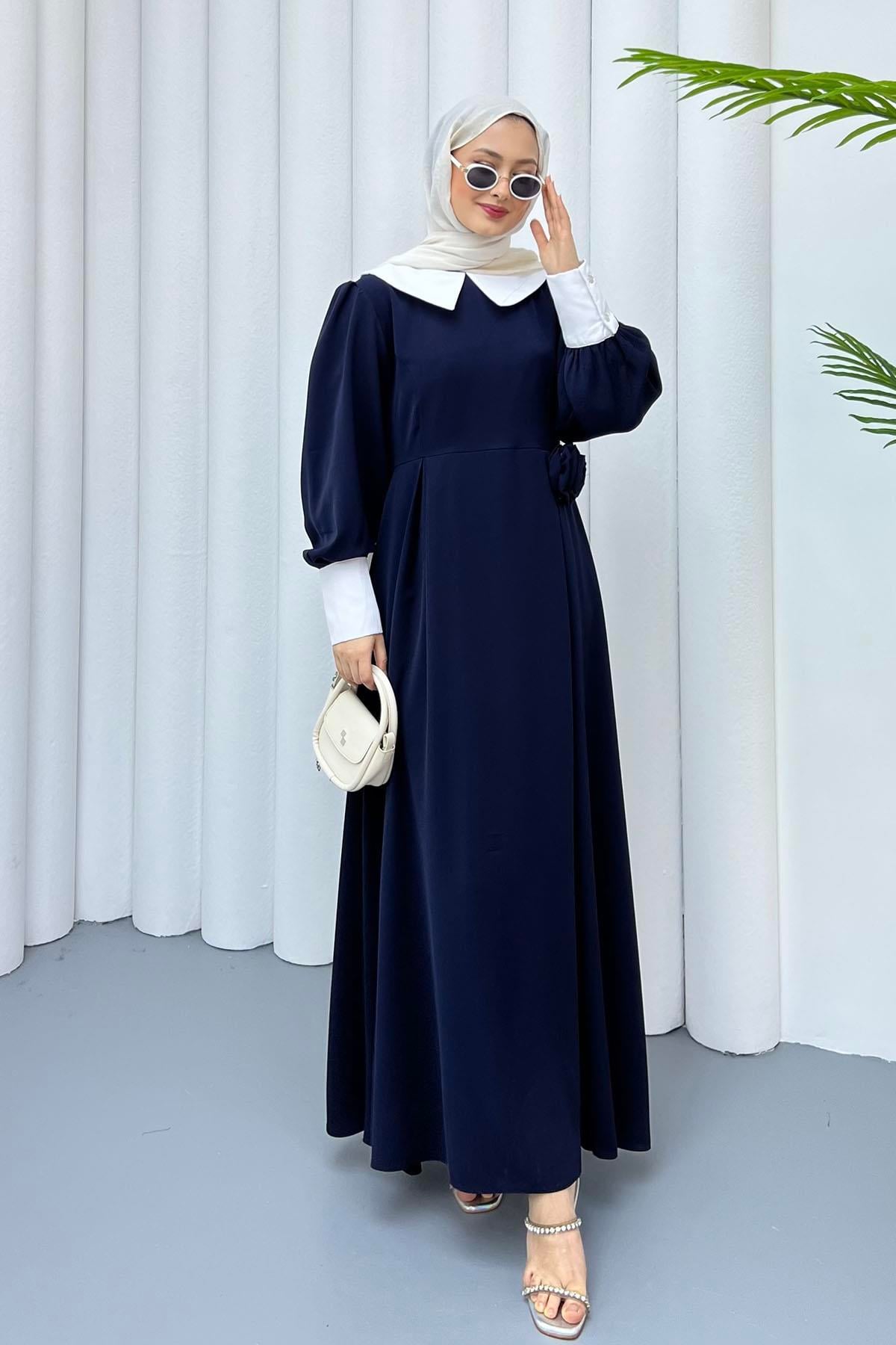 Bebe Yaka Kol Detaylı Tesettür Elbise-LACİVERT