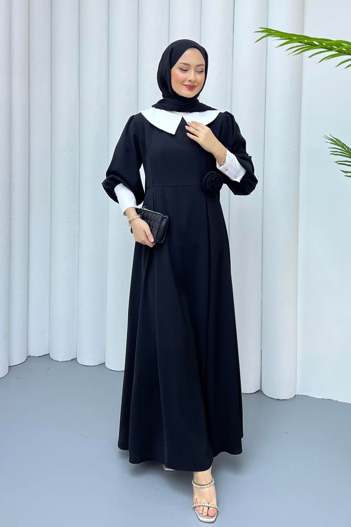 Bebe Yaka Kol Detaylı Tesettür Elbise-SİYAH