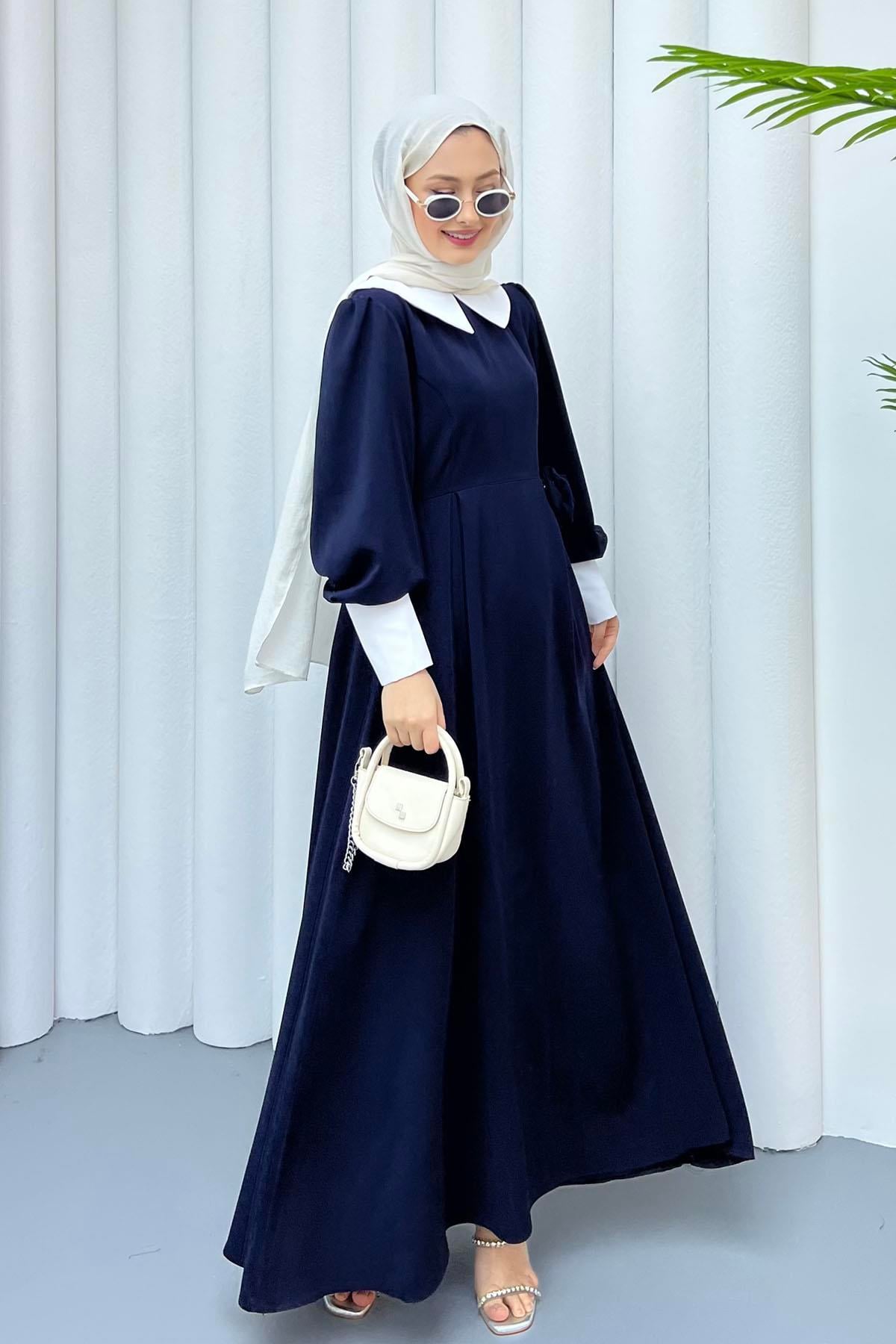 Bebe Yaka Kol Detaylı Tesettür Elbise-LACİVERT