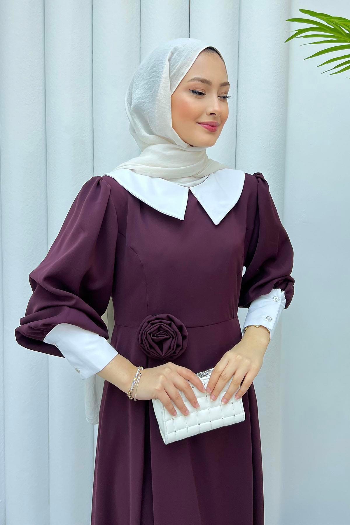 Bebe Yaka Kol Detaylı Tesettür Elbise-BORDO