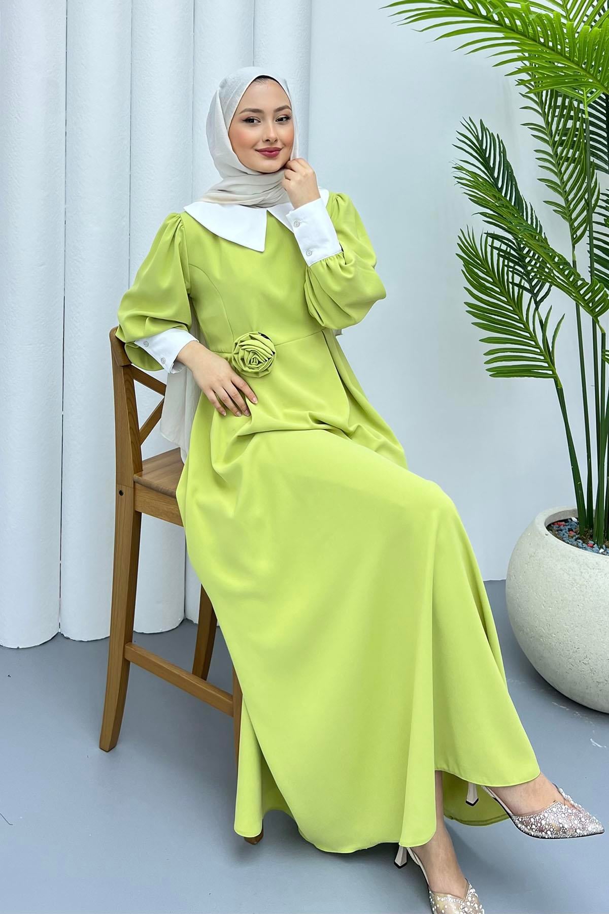 Bebe Yaka Kol Detaylı Tesettür Elbise-FISTIK YEŞİLİ