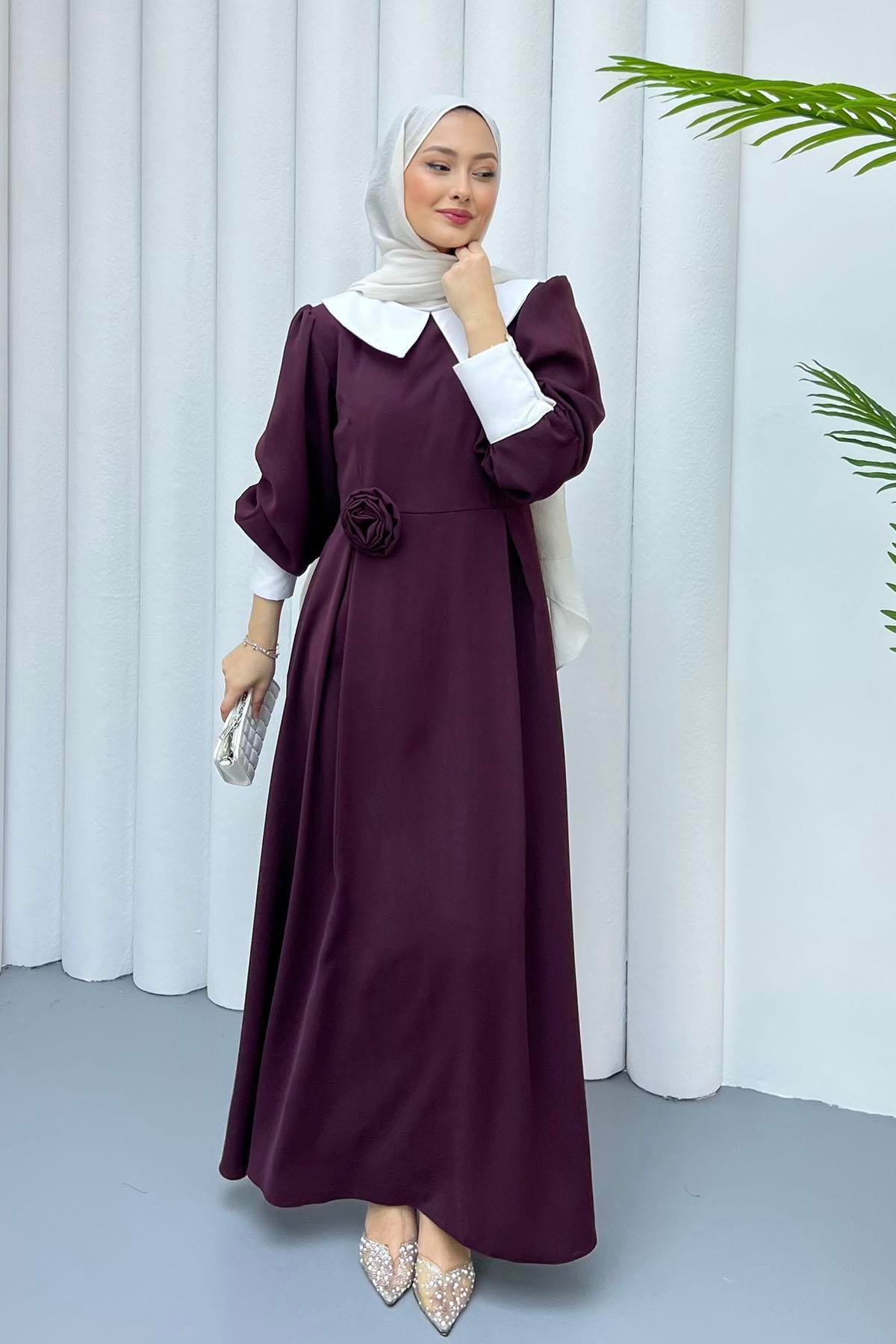 Bebe Yaka Kol Detaylı Tesettür Elbise-BORDO