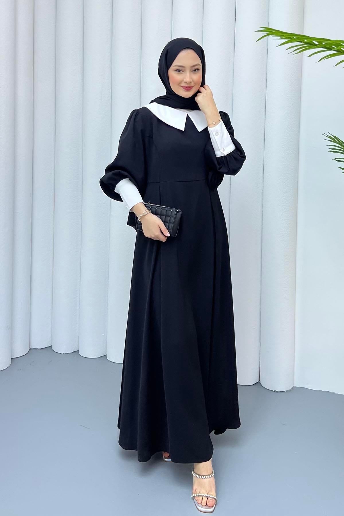 Bebe Yaka Kol Detaylı Tesettür Elbise-SİYAH