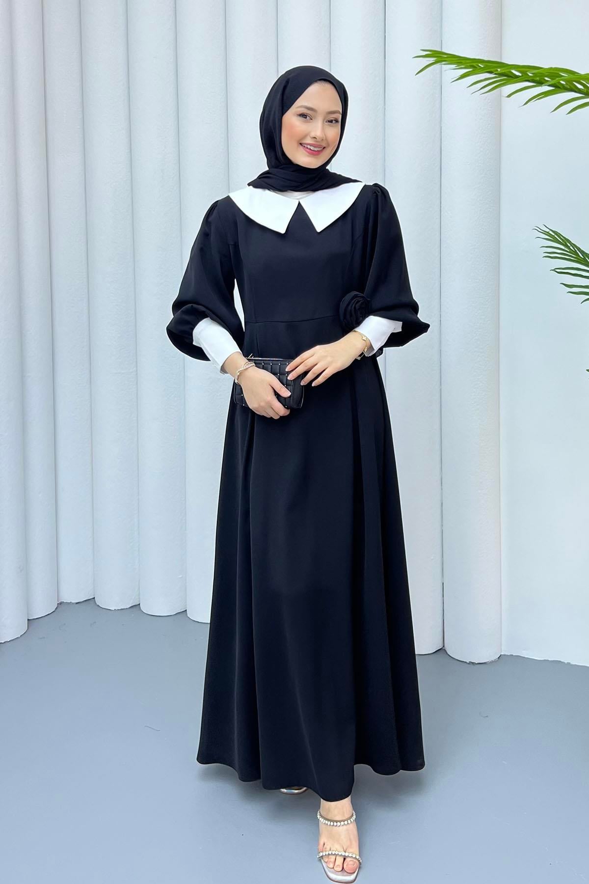 Bebe Yaka Kol Detaylı Tesettür Elbise-SİYAH