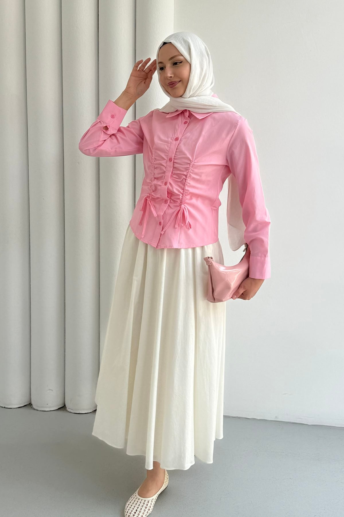 Bel Bağçıklı Büzgü Detay Gömlek-PEMBE