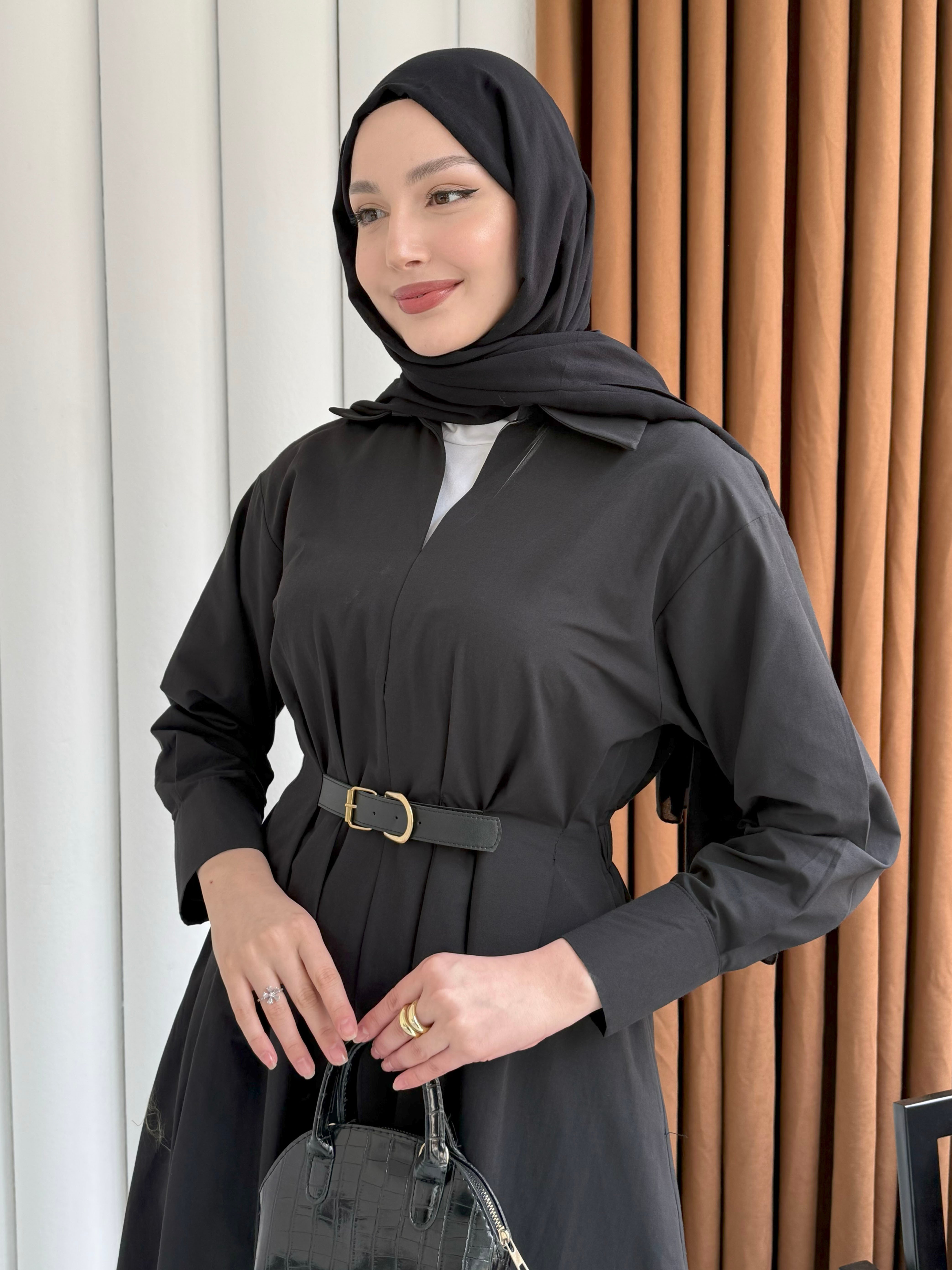 Bel Lastikli Kemer Detaylı Gömlek Tesettür Elbise-SİYAH