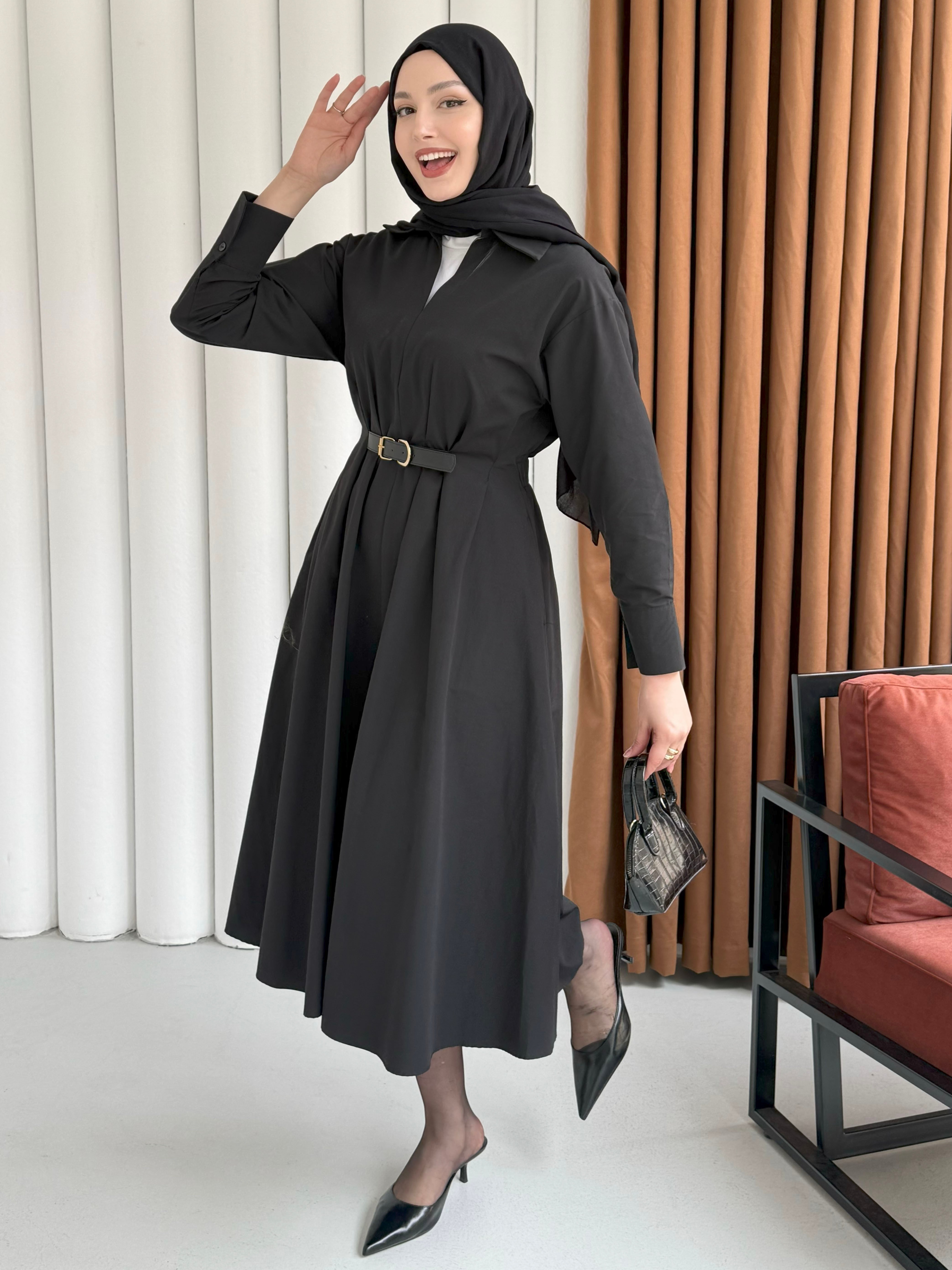 Bel Lastikli Kemer Detaylı Gömlek Tesettür Elbise-SİYAH