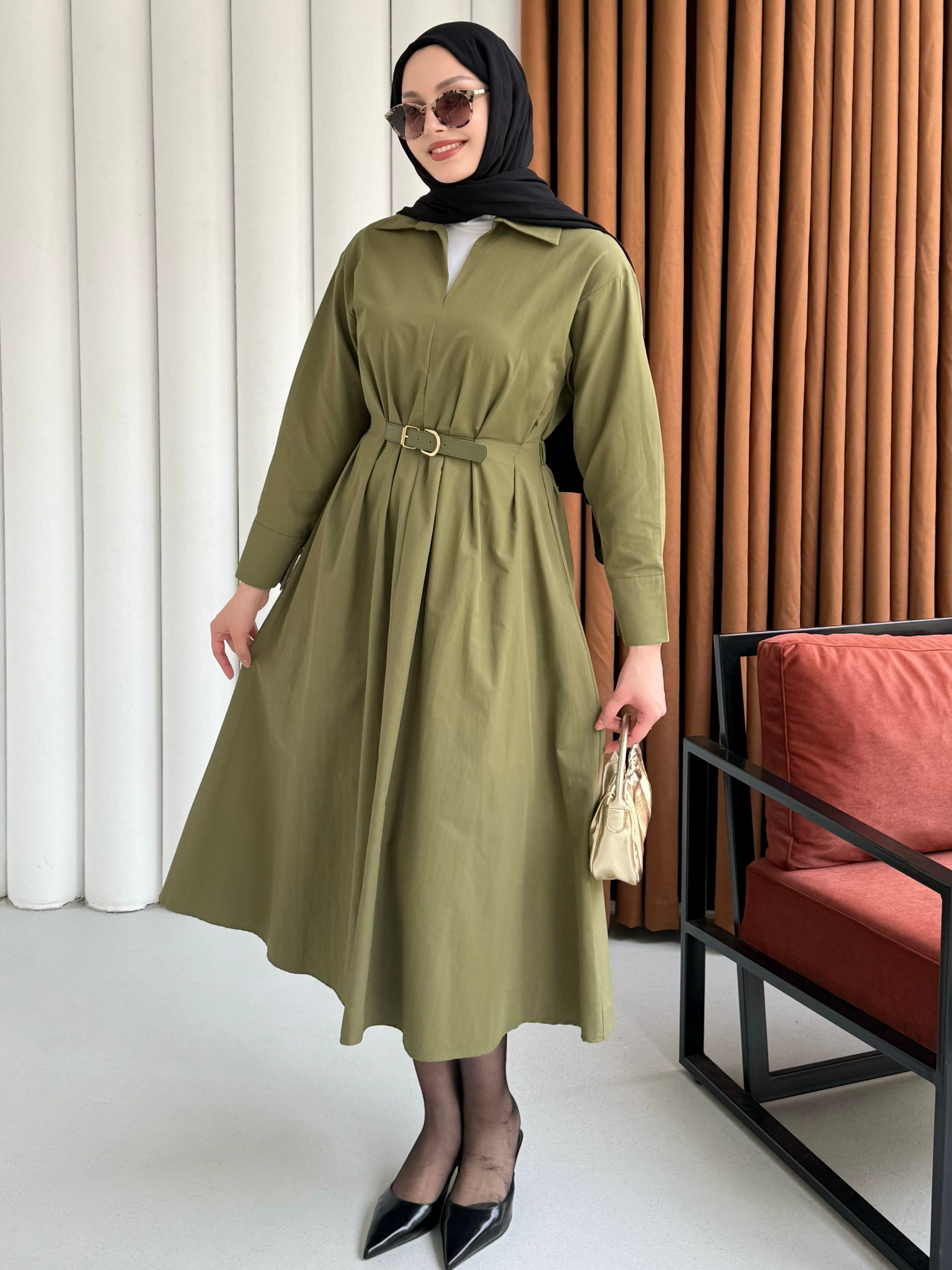 Bel Lastikli Kemer Detaylı Gömlek Tesettür Elbise-HAKİ YEŞİL