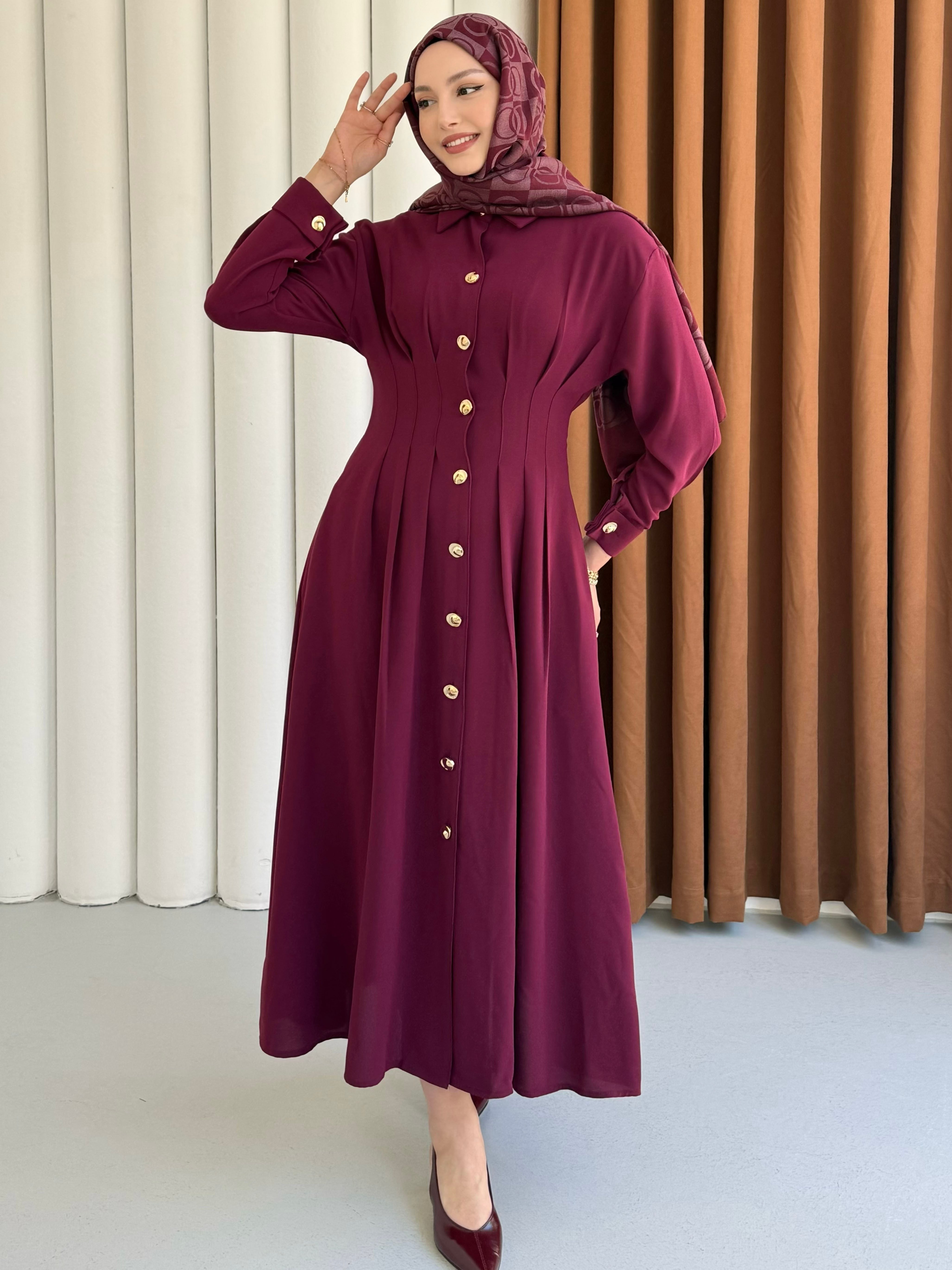 Bel Sason Detaylı Ön Düğmeli Tensel Tesettür Elbise-BORDO