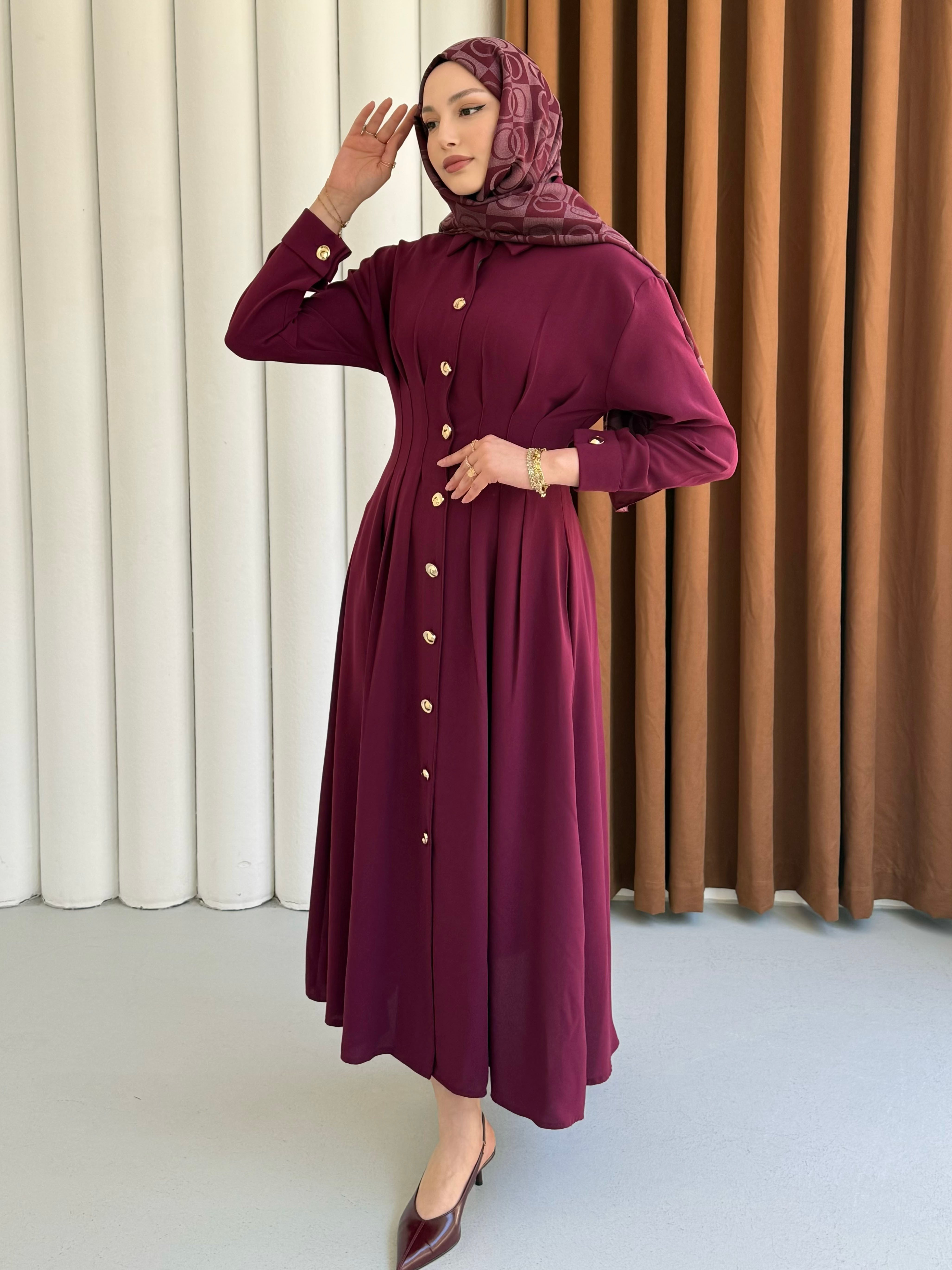 Bel Sason Detaylı Ön Düğmeli Tensel Tesettür Elbise-BORDO
