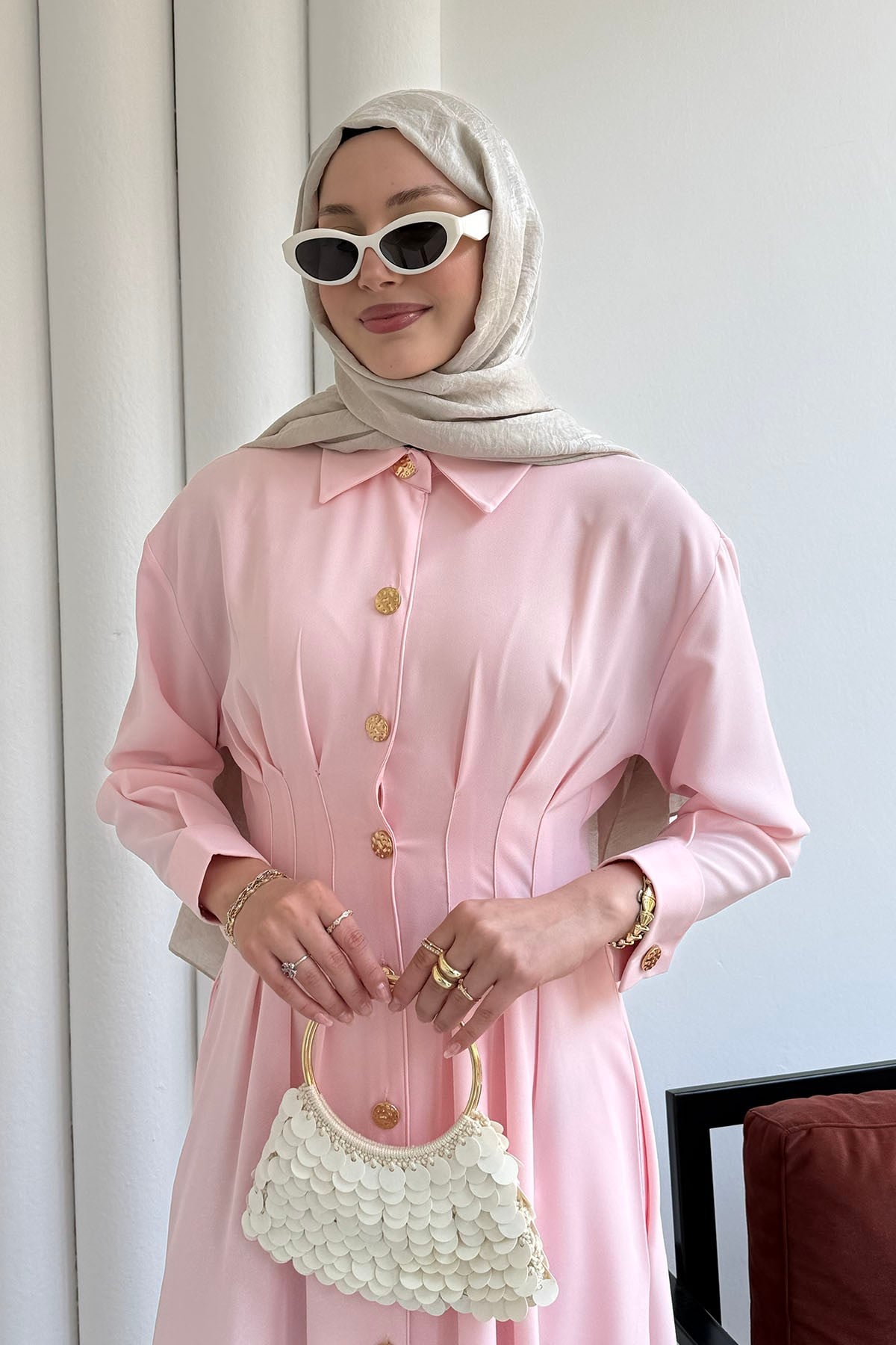 Bel Sason Detaylı Ön Düğmeli Tensel Tesettür Elbise-PEMBE