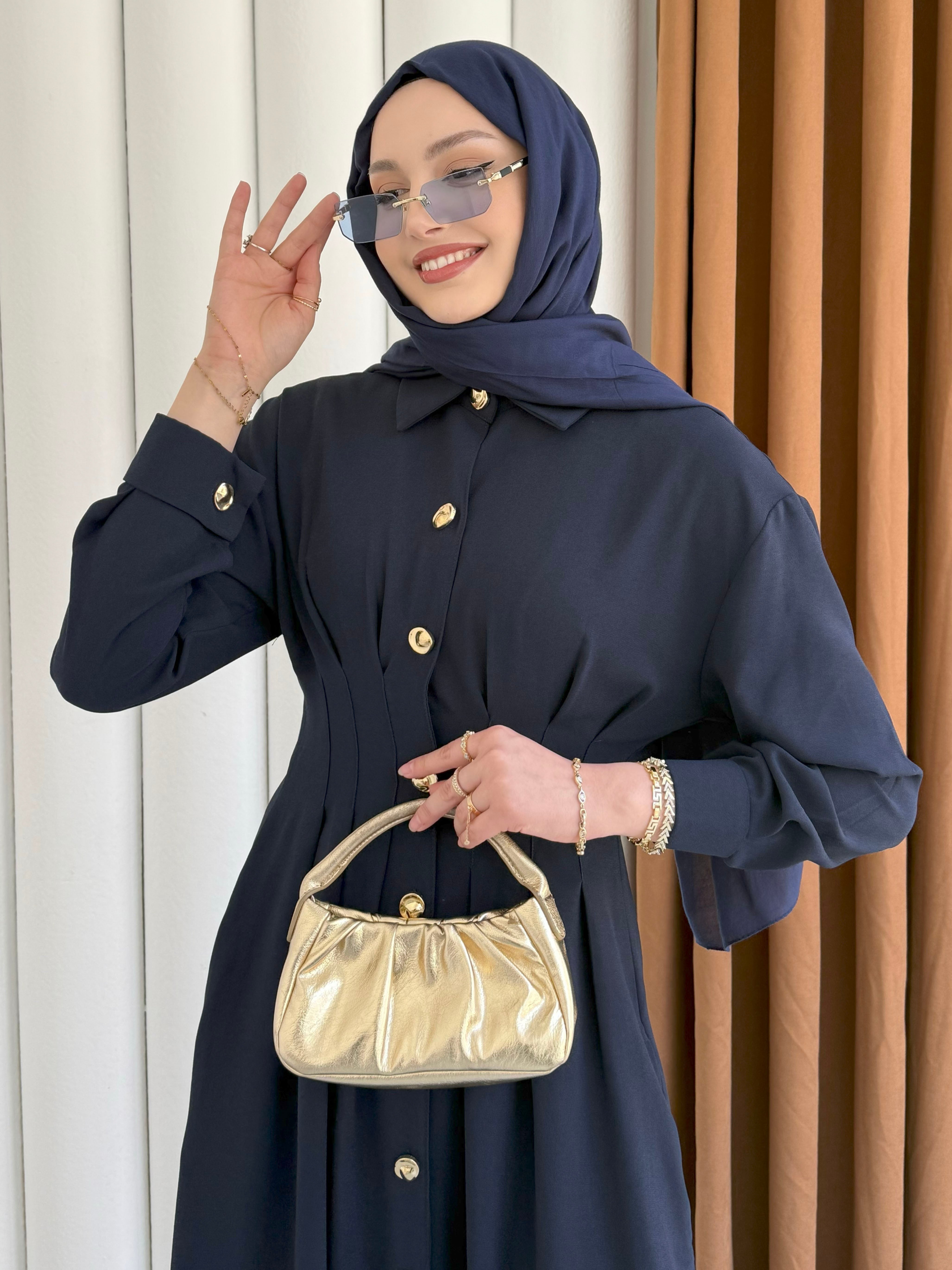 Bel Sason Detaylı Ön Düğmeli Tensel Tesettür Elbise-LACİVERT