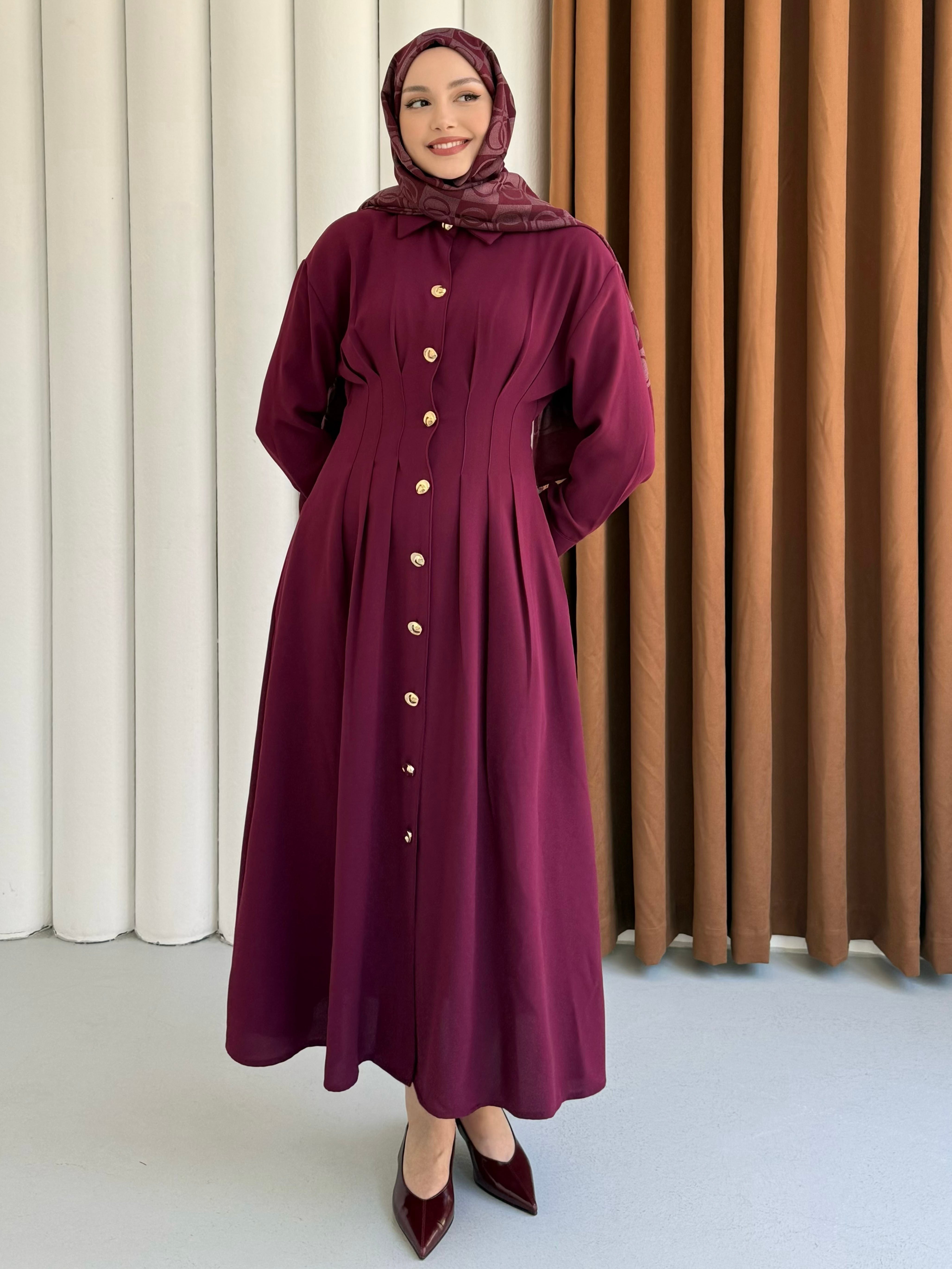 Bel Sason Detaylı Ön Düğmeli Tensel Tesettür Elbise-BORDO