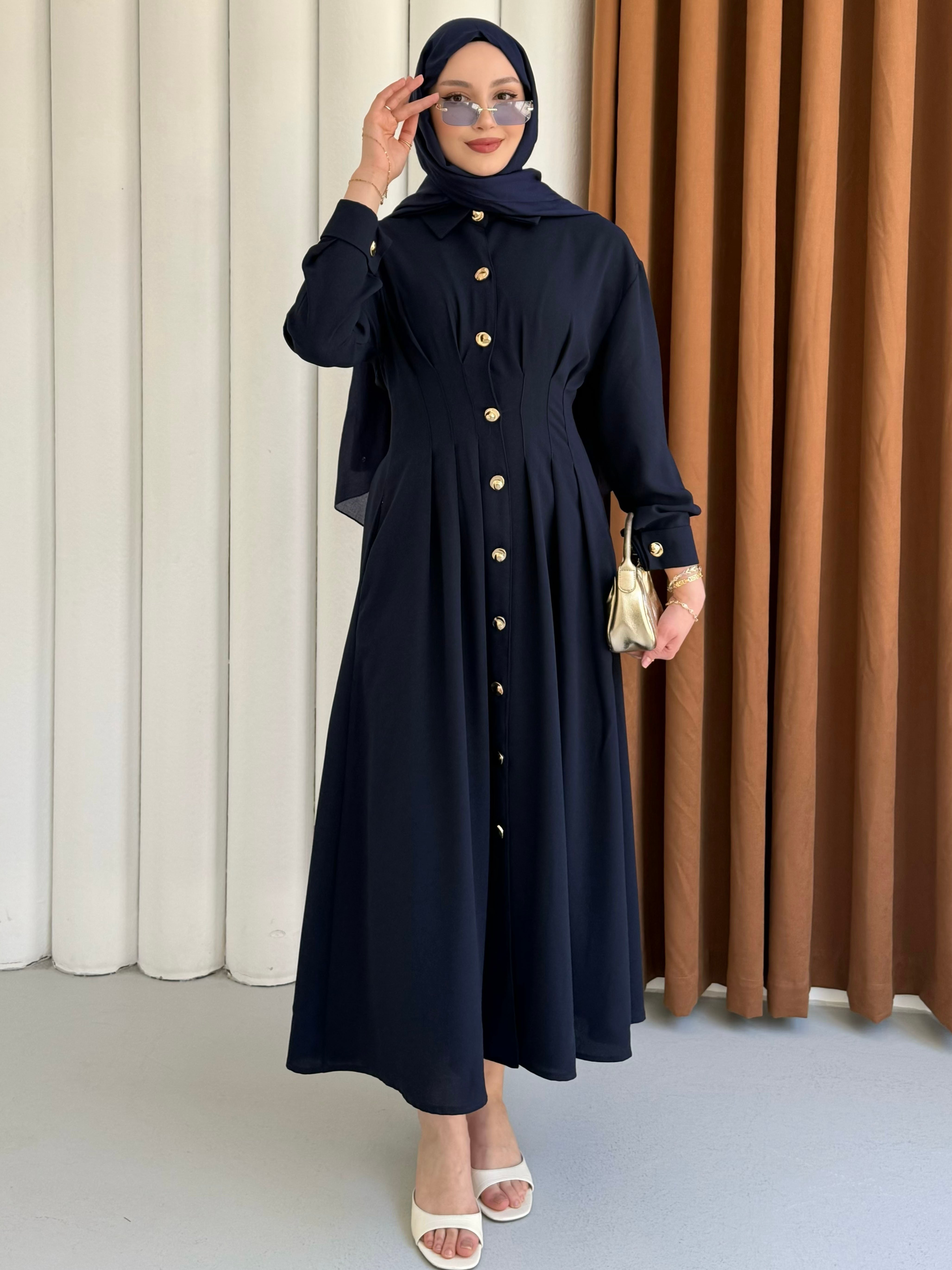 Bel Sason Detaylı Ön Düğmeli Tensel Tesettür Elbise-LACİVERT