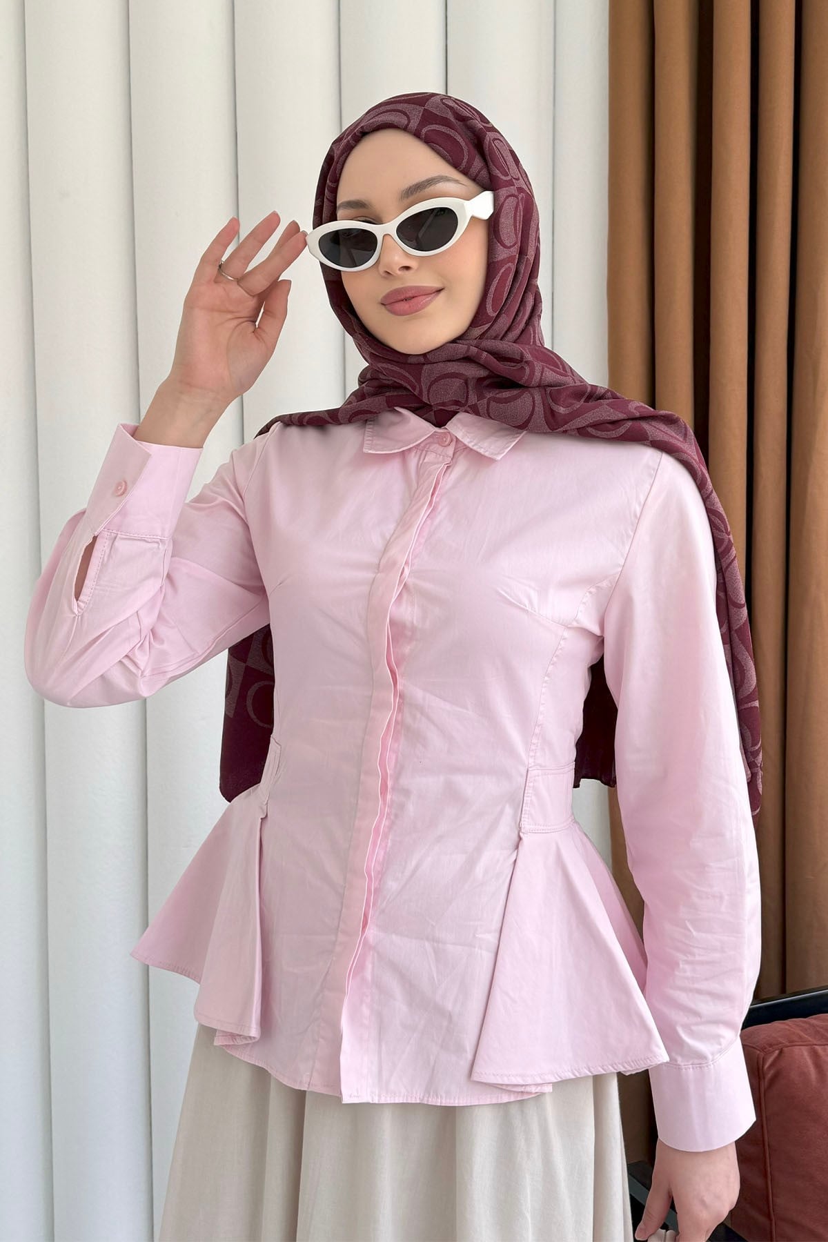 Belden Oturtmalı Düğmeli Gömlek-PEMBE