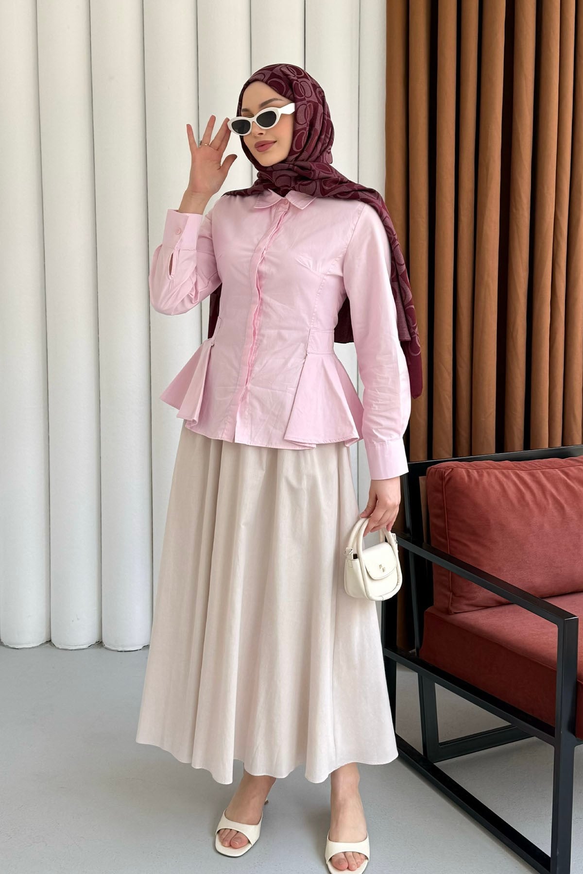 Belden Oturtmalı Düğmeli Gömlek-PEMBE