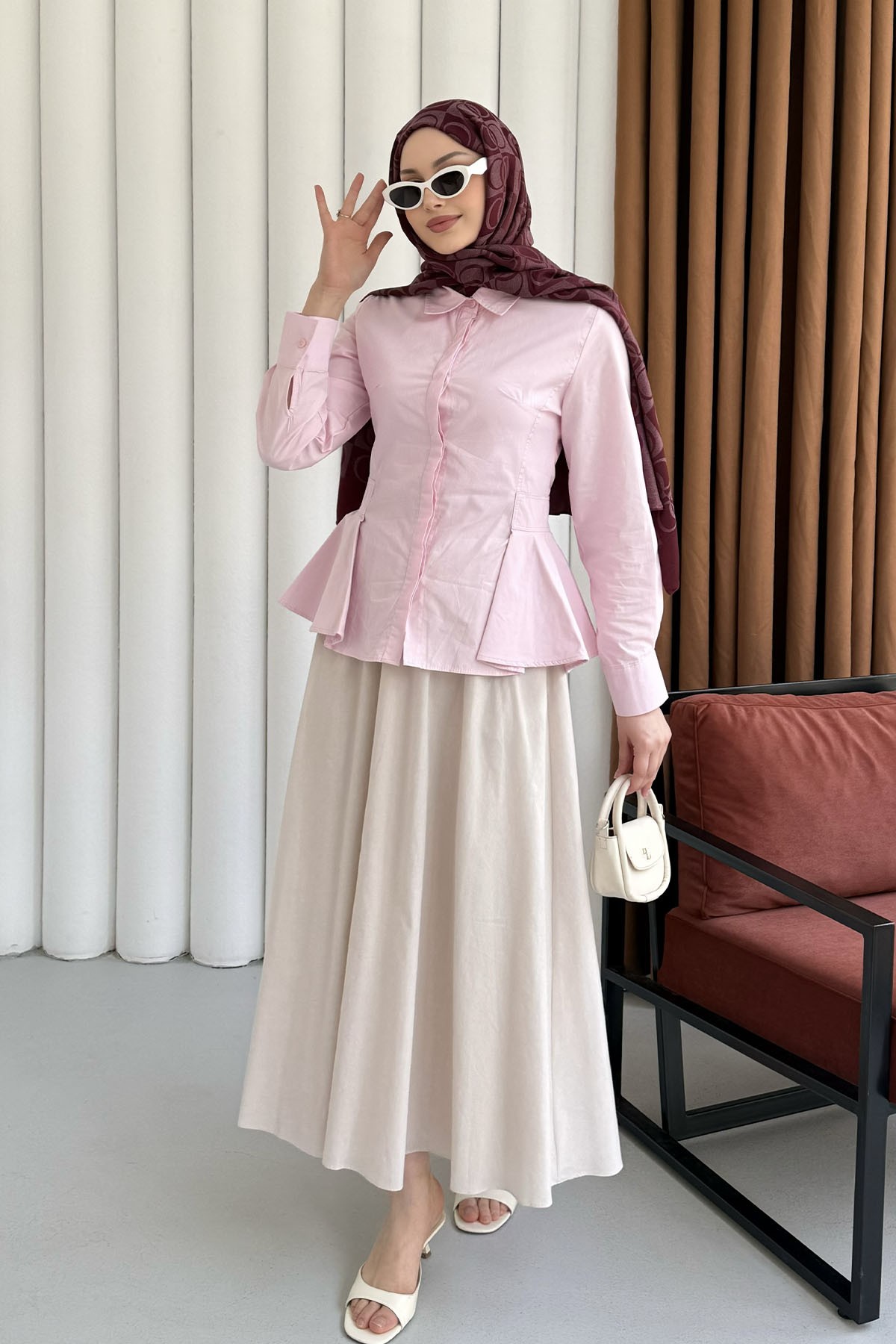 Belden Oturtmalı Düğmeli Gömlek-PEMBE