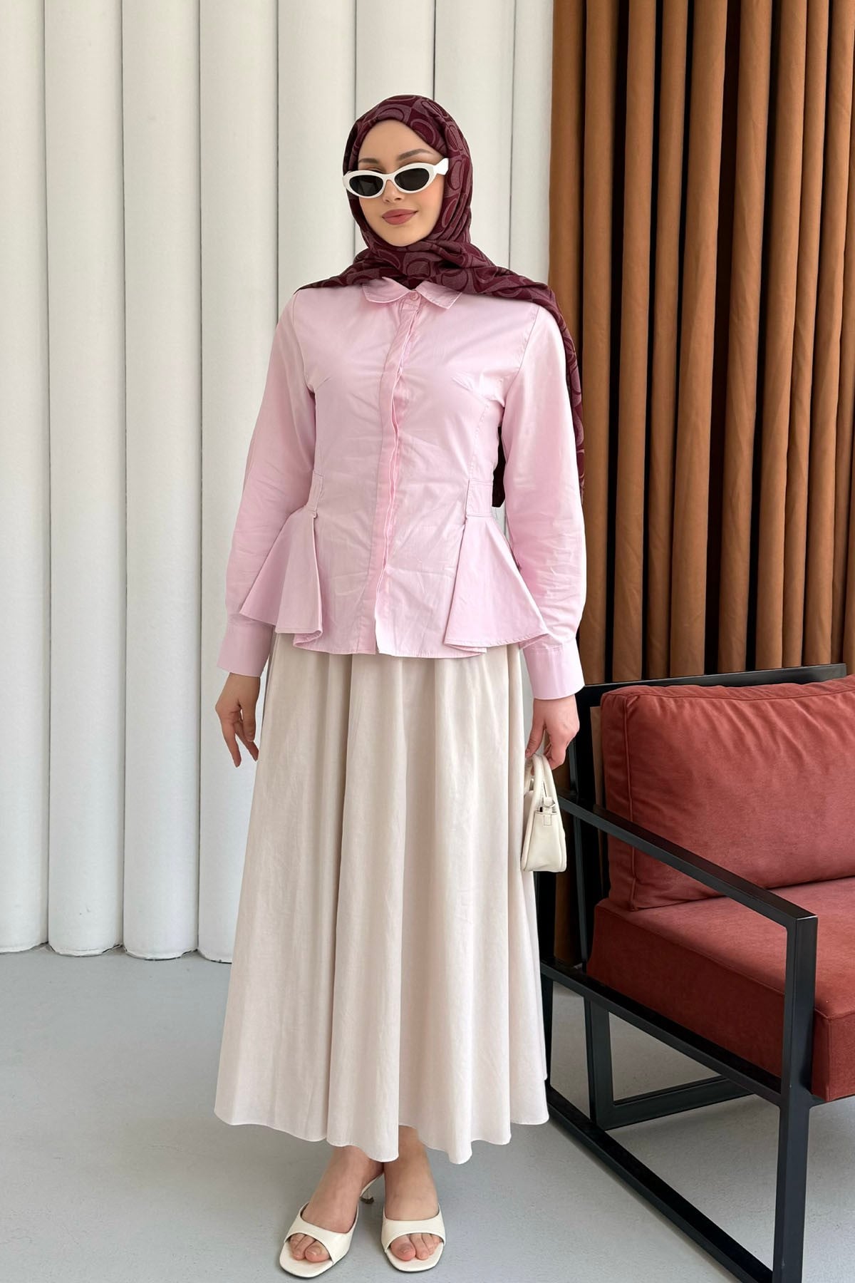 Belden Oturtmalı Düğmeli Gömlek-PEMBE