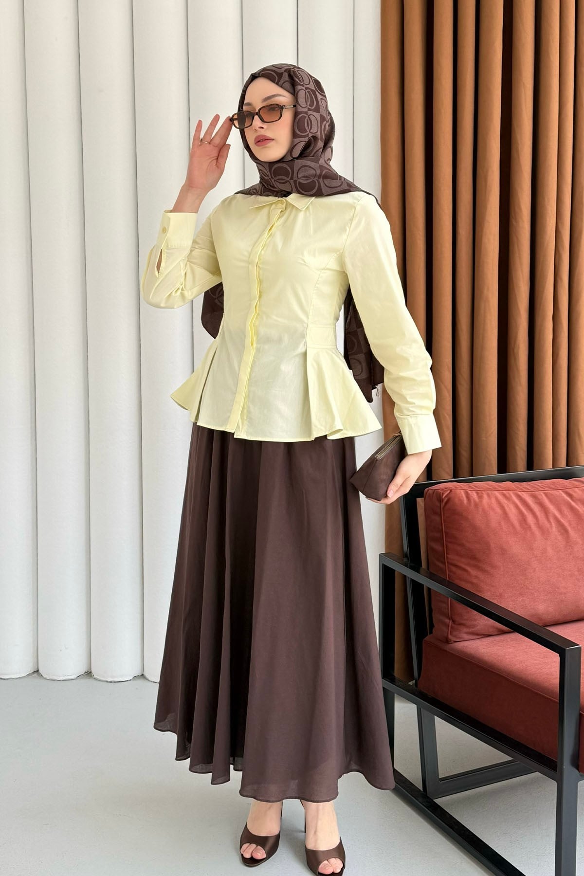 Belden Oturtmalı Düğmeli Gömlek-SARI