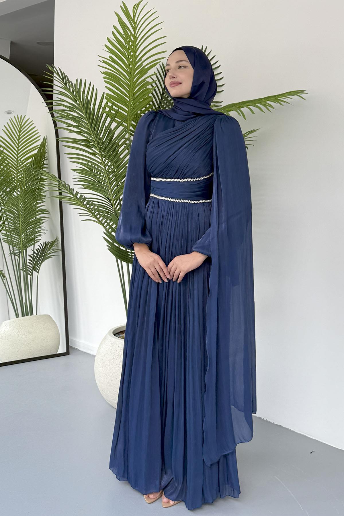 Belden Taş Kemer Geçişli Elara Pelerin Tesettür Abiye-LACİVERT