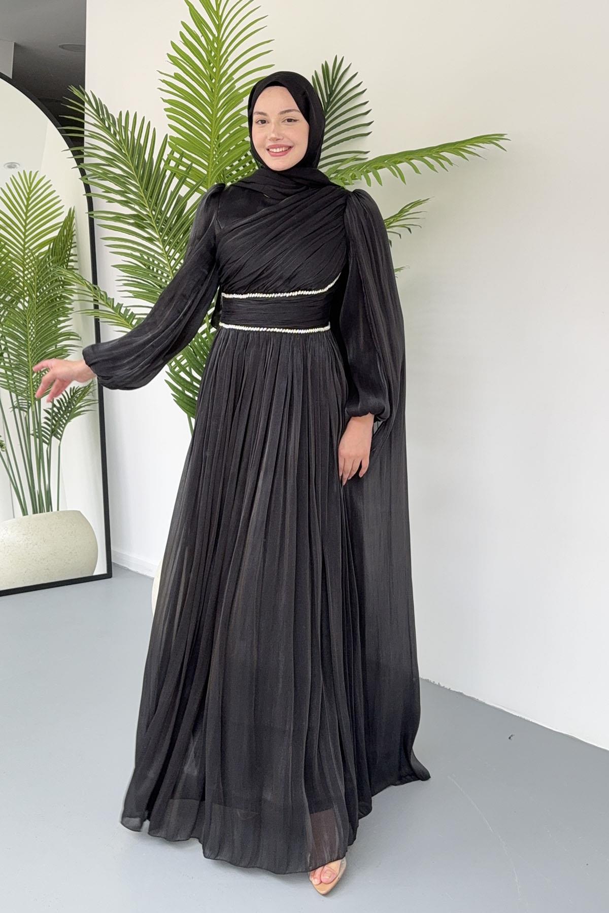 Belden Taş Kemer Geçişli Elara Pelerin Tesettür Abiye-SİYAH