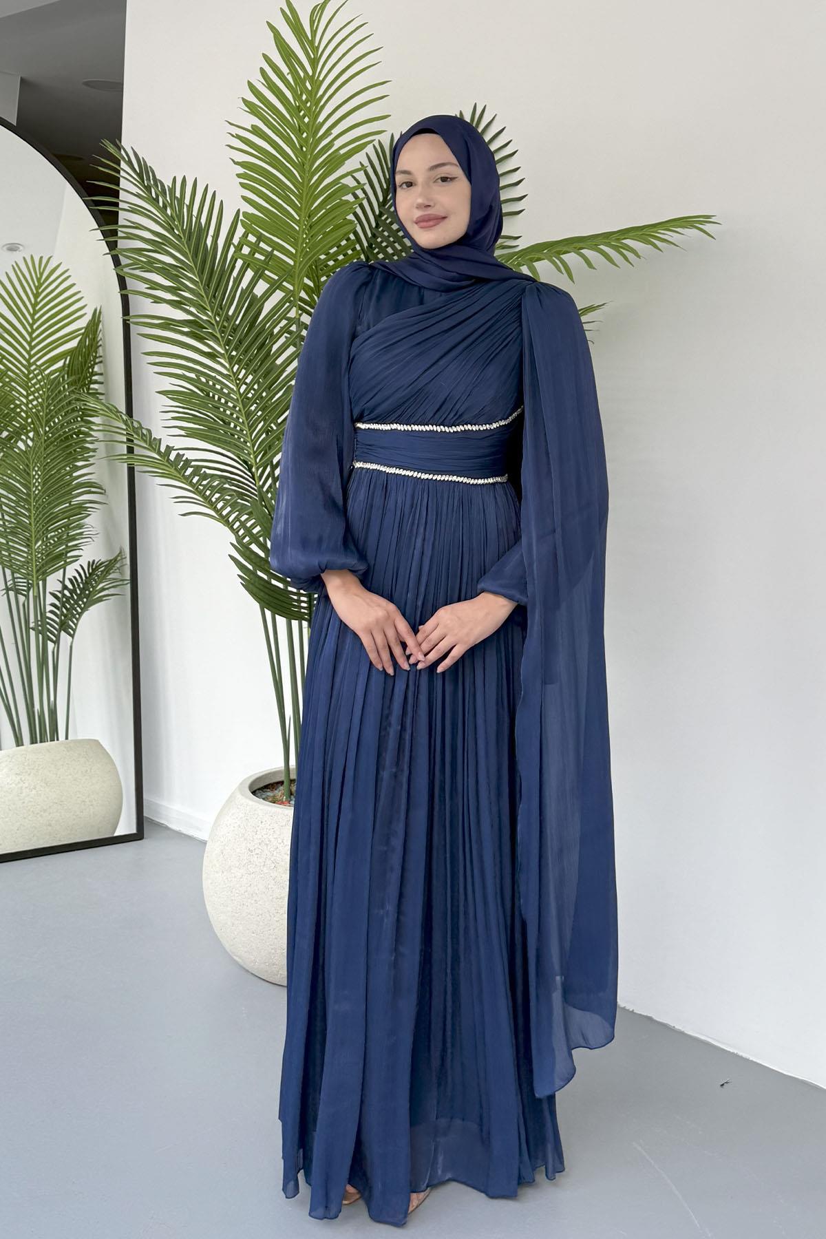 Belden Taş Kemer Geçişli Elara Pelerin Tesettür Abiye-LACİVERT