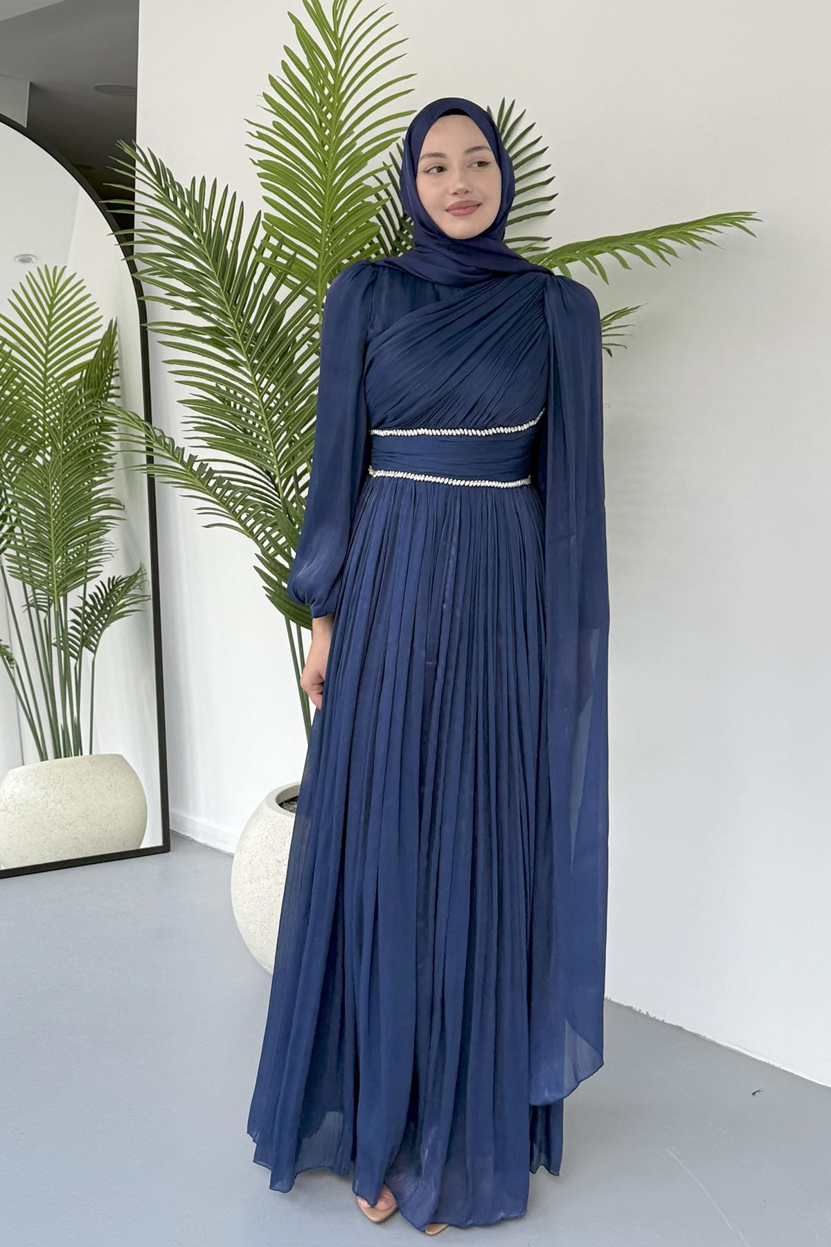 Belden Taş Kemer Geçişli Elara Pelerin Tesettür Abiye-LACİVERT