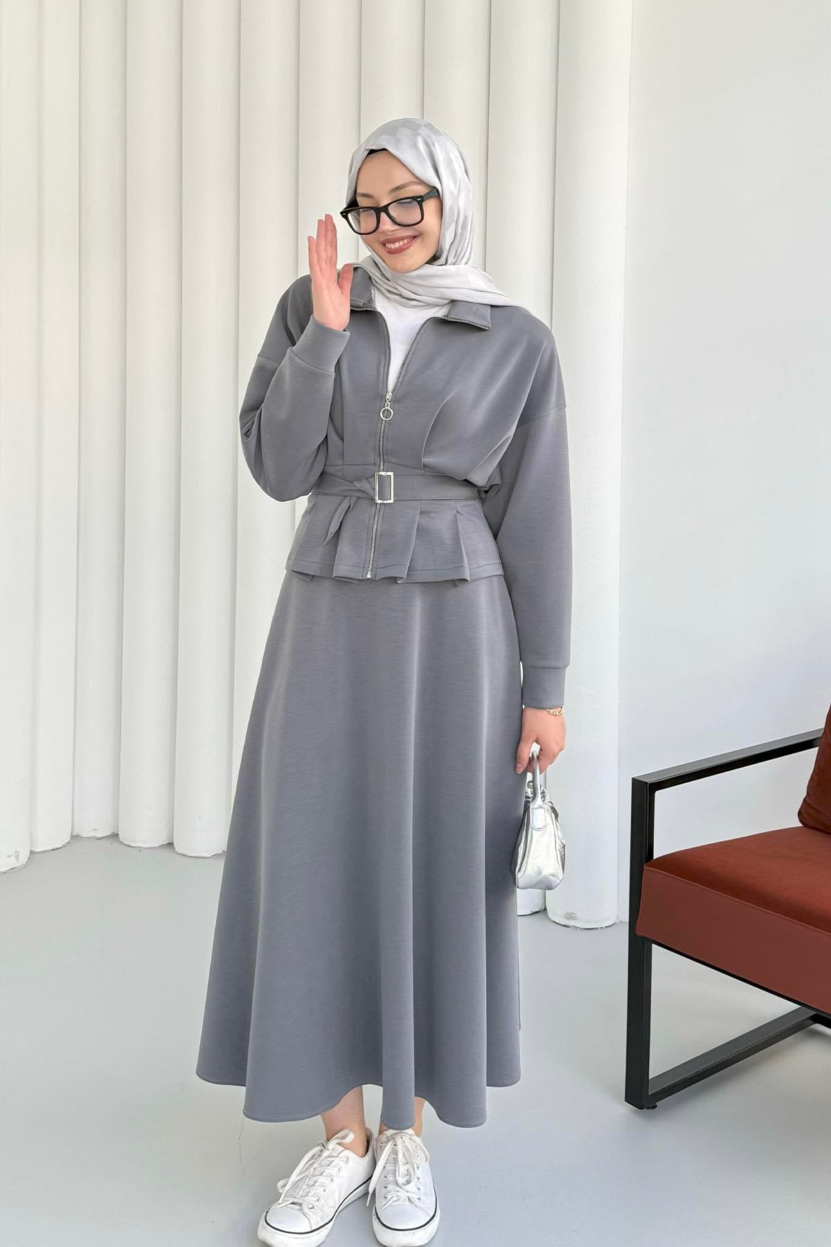Beli Bağlamalı Fermuarlı Etekli Tesettür Takım-GRİ