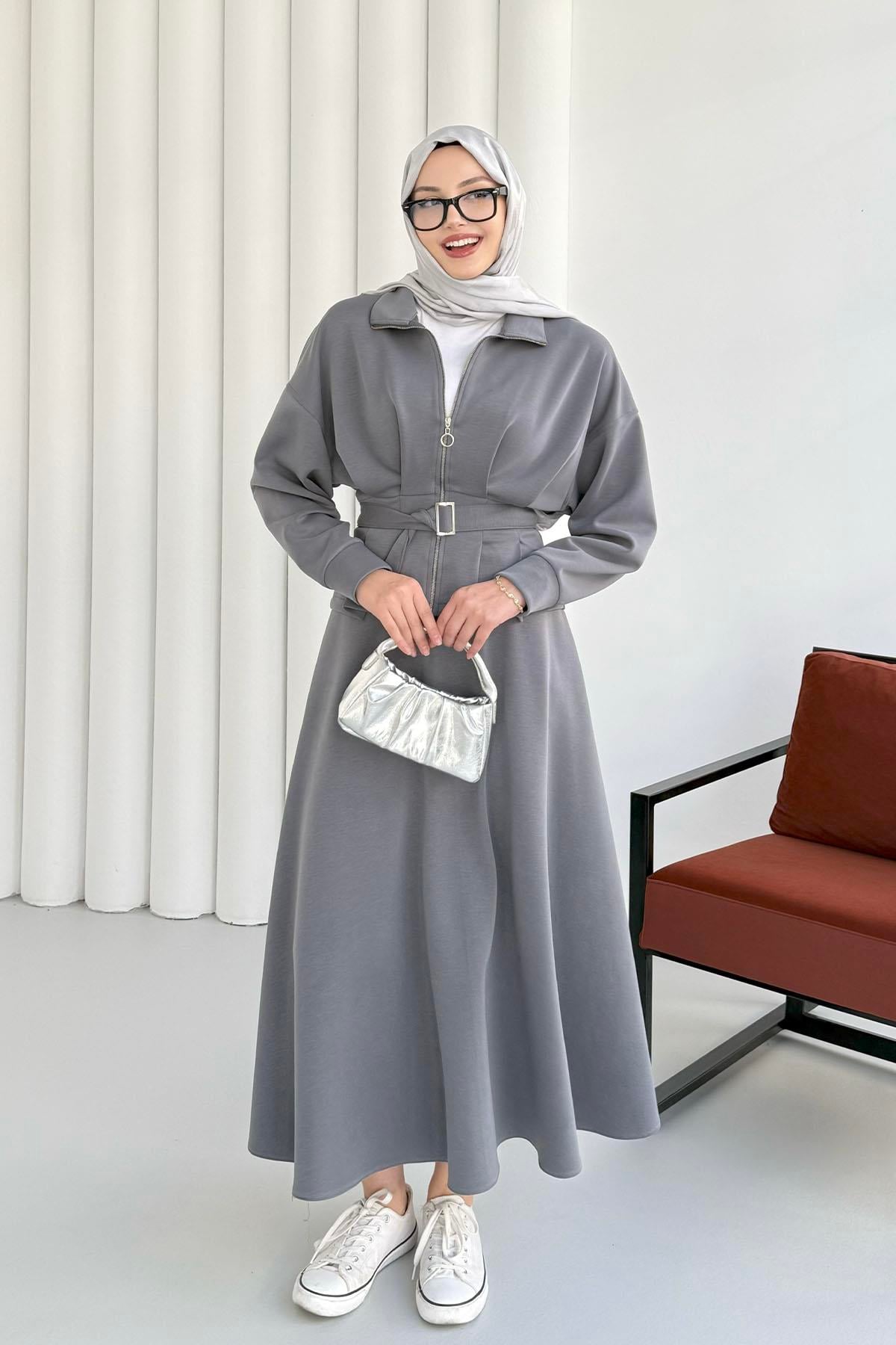 Beli Bağlamalı Fermuarlı Etekli Tesettür Takım-GRİ