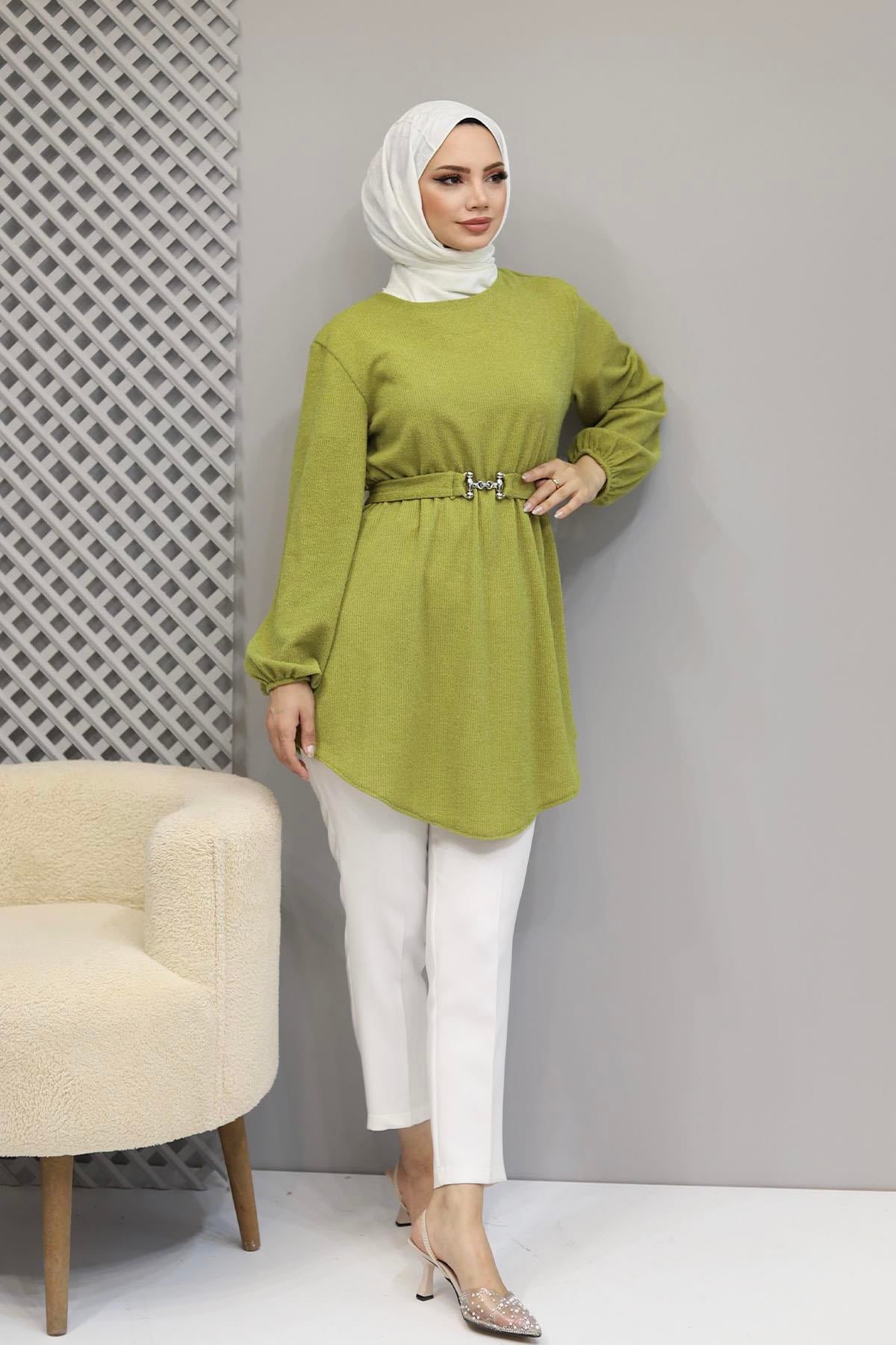 Beli Büzgülü Seyyar Kuşaklı Örme Tunik-OLİVE