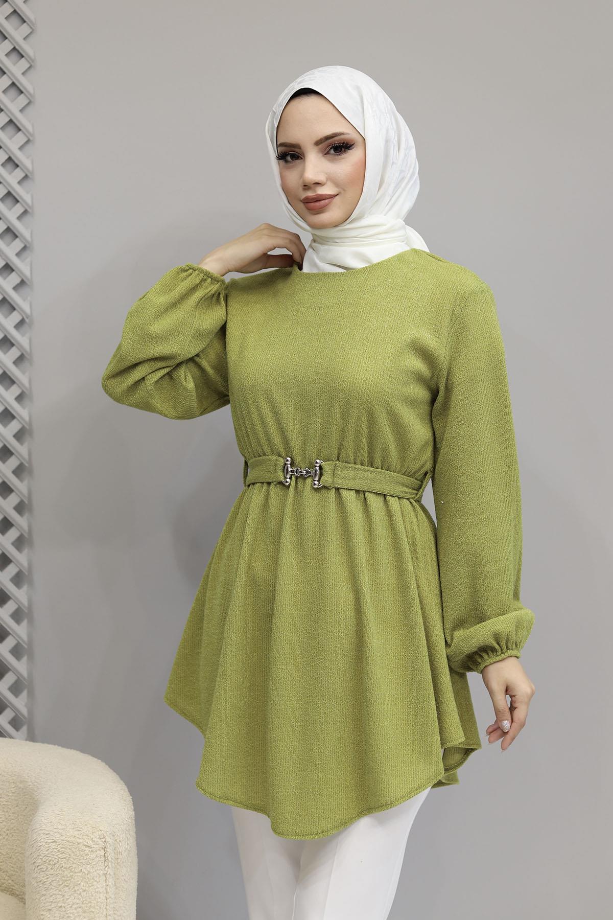 Beli Büzgülü Seyyar Kuşaklı Örme Tunik-OLİVE