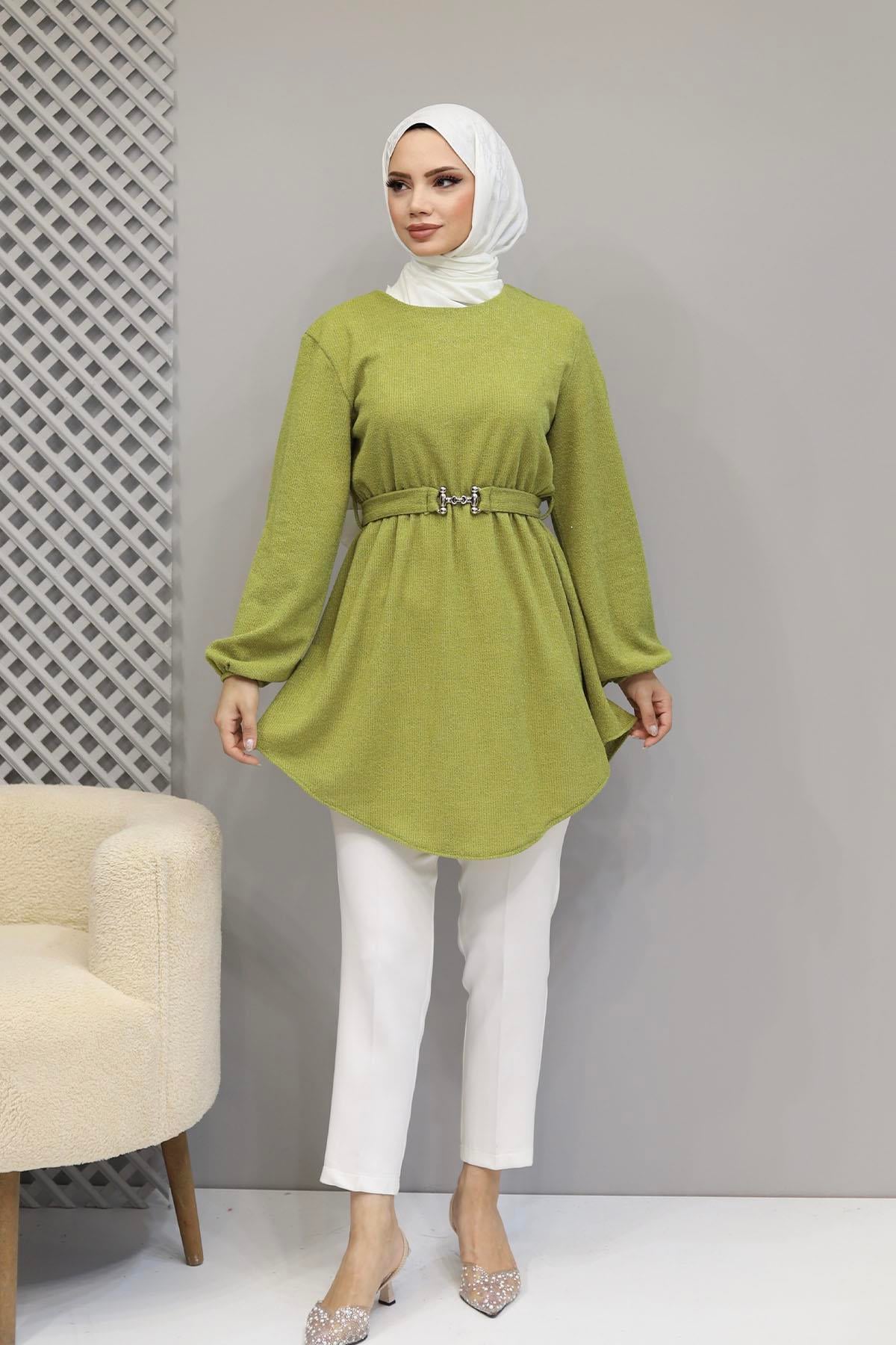 Beli Büzgülü Seyyar Kuşaklı Örme Tunik-OLİVE