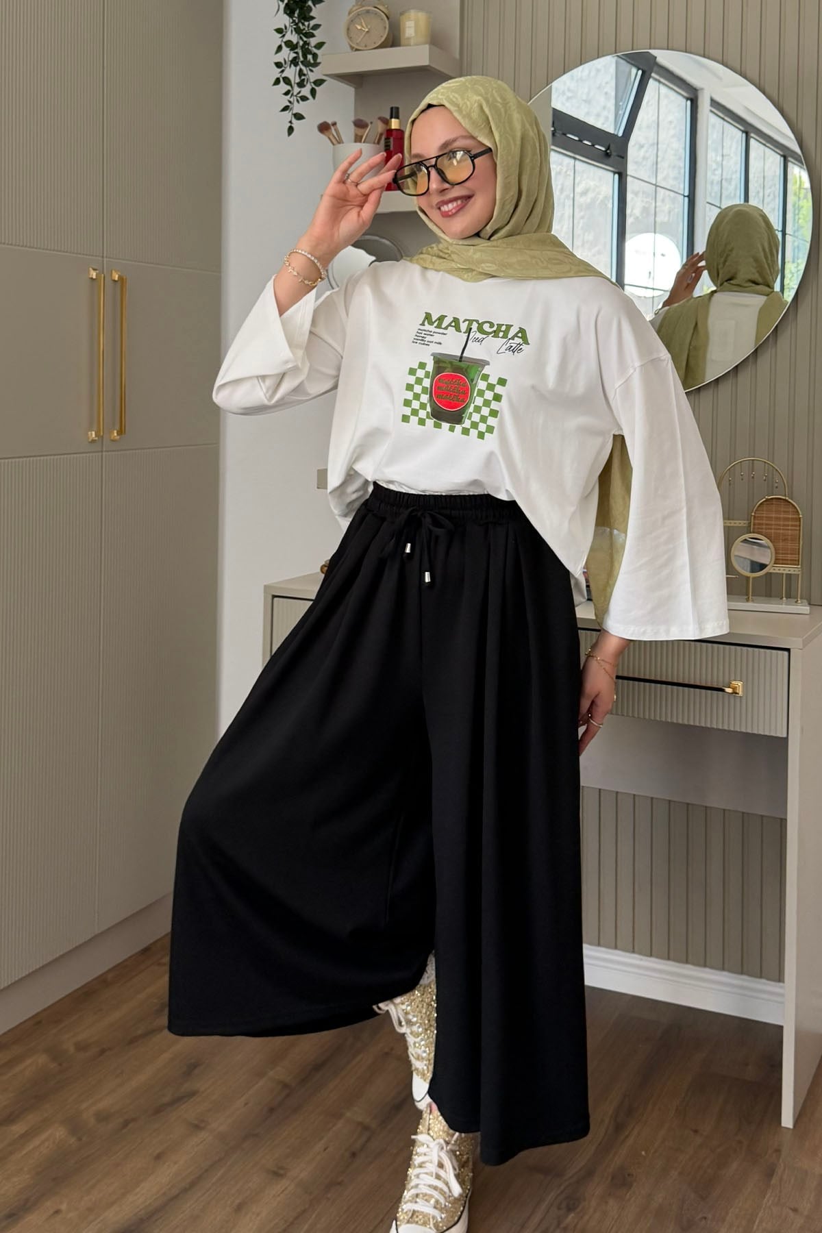 Beli İpli Lastikli Bol Paça Etek Pantolon-SİYAH
