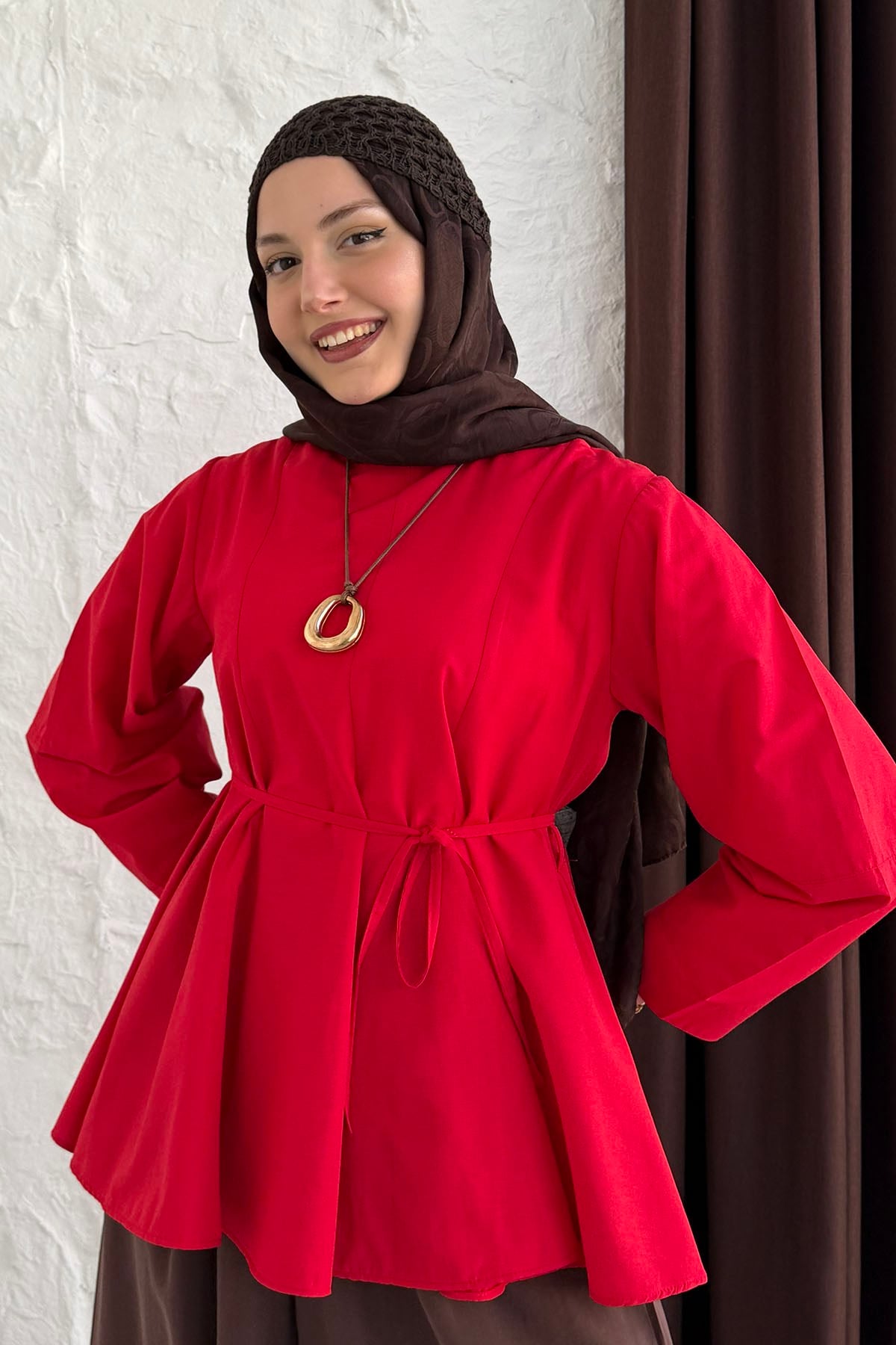 Beli Kuşaklı Volan Etek Uçlu Tesettür Tunik-KIRMIZI