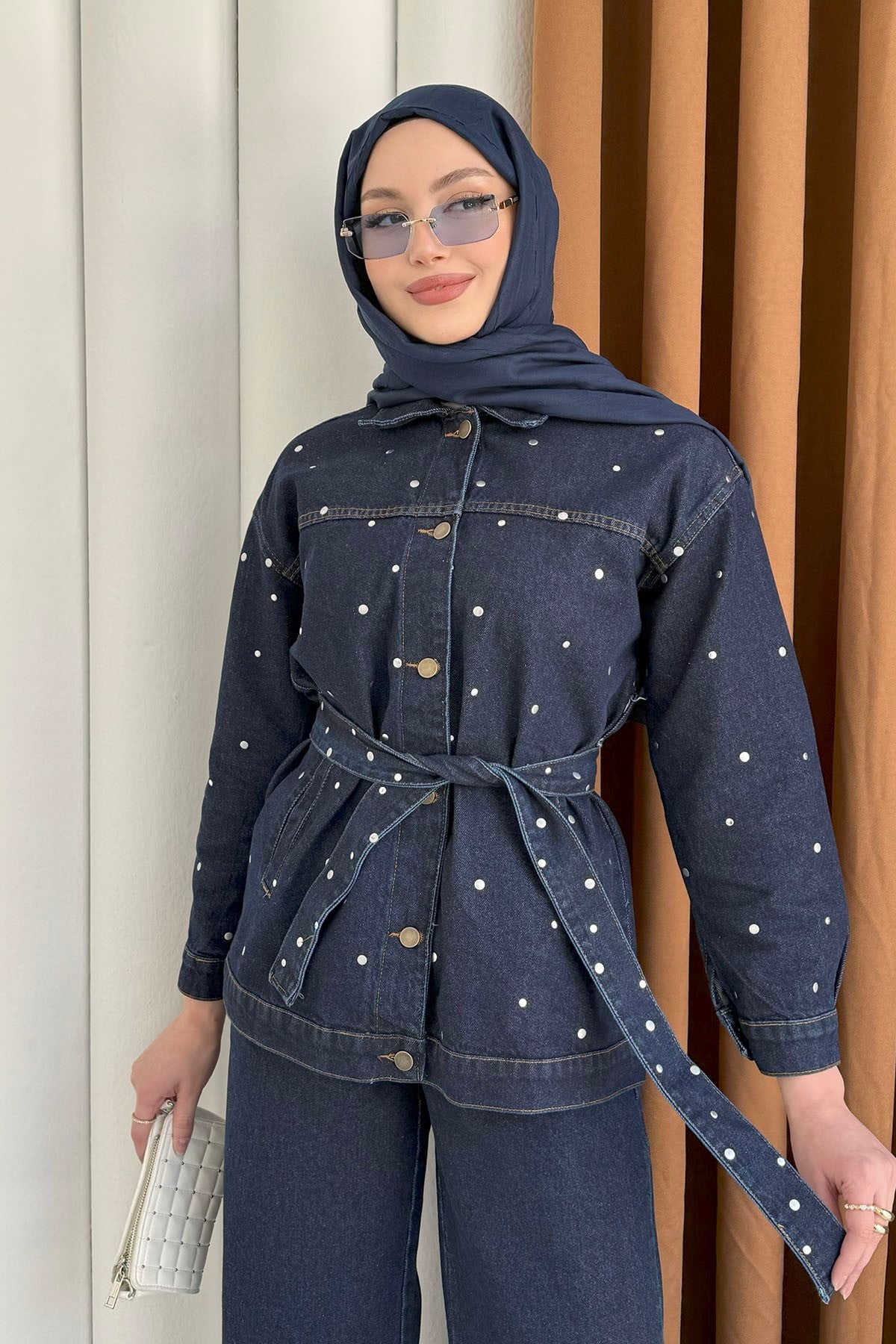 Beli Kuşaklı Zımba Çakım Denim Tesettür Takım-KOYU MAVİ