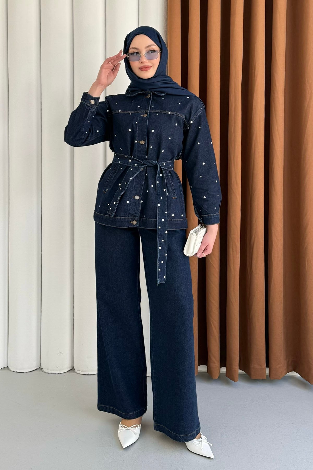 Beli Kuşaklı Zımba Çakım Denim Tesettür Takım-KOYU MAVİ