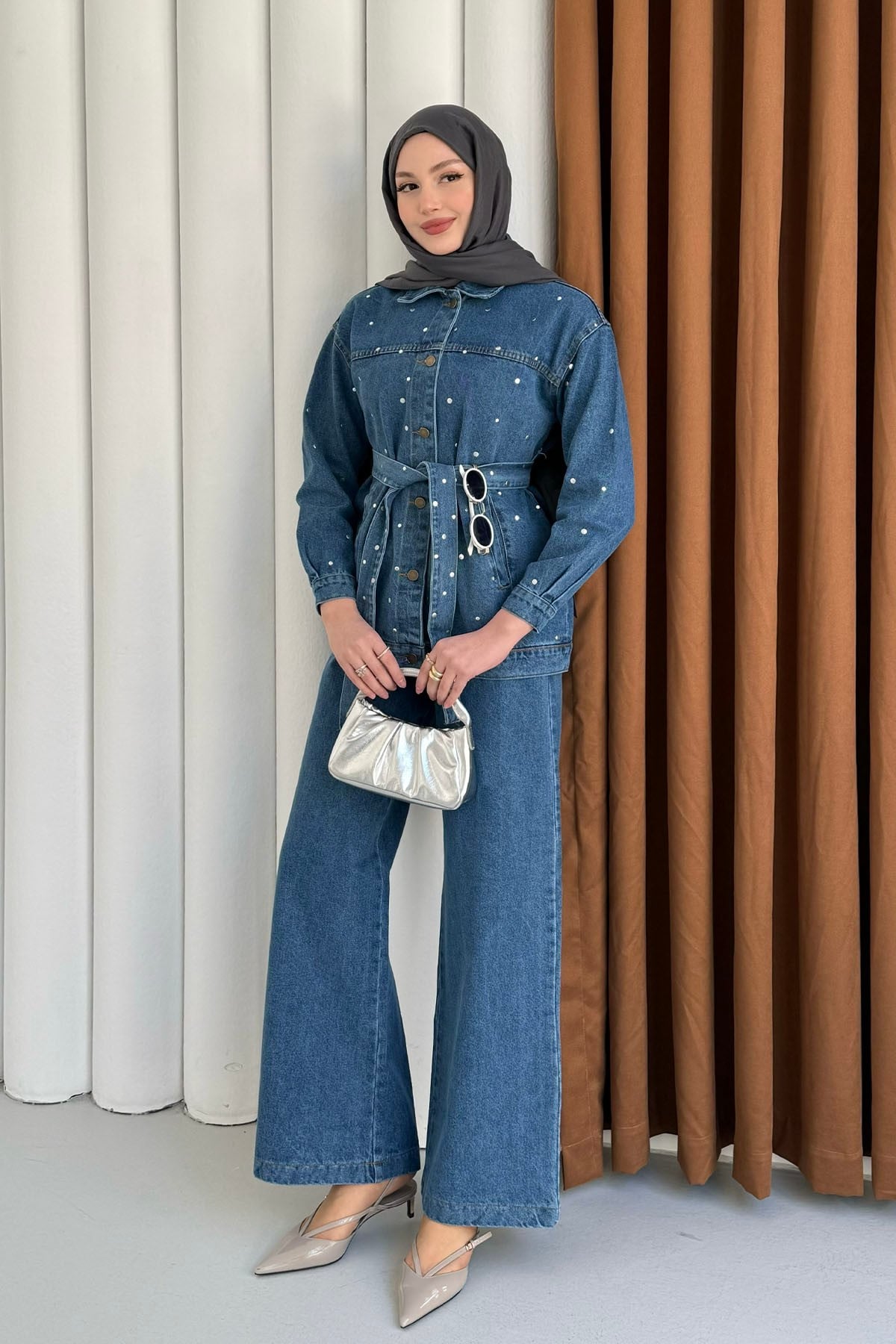 Beli Kuşaklı Zımba Çakım Denim Tesettür Takım-AÇIK MAVİ