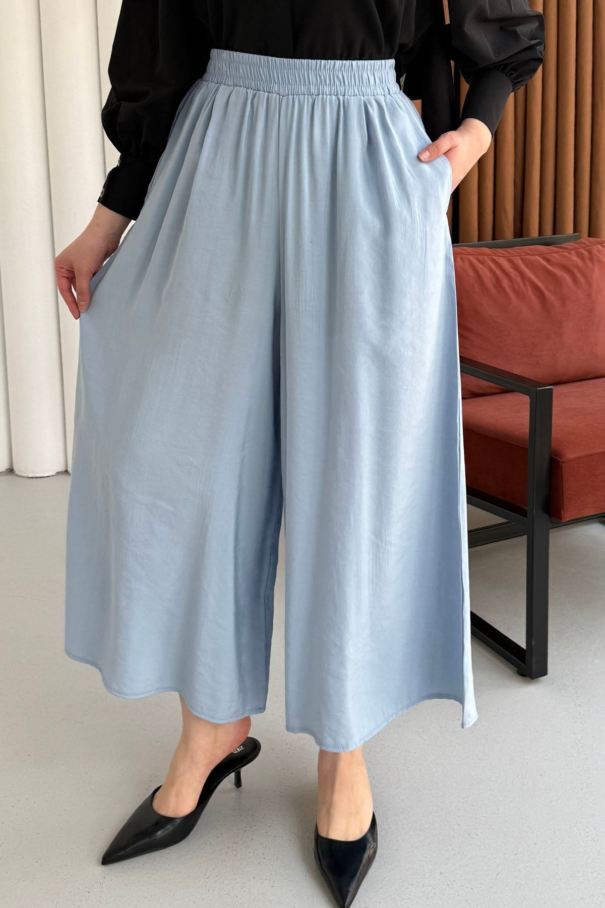 Beli Lastikli Bol Paça Pantolon-BEBE MAVİ