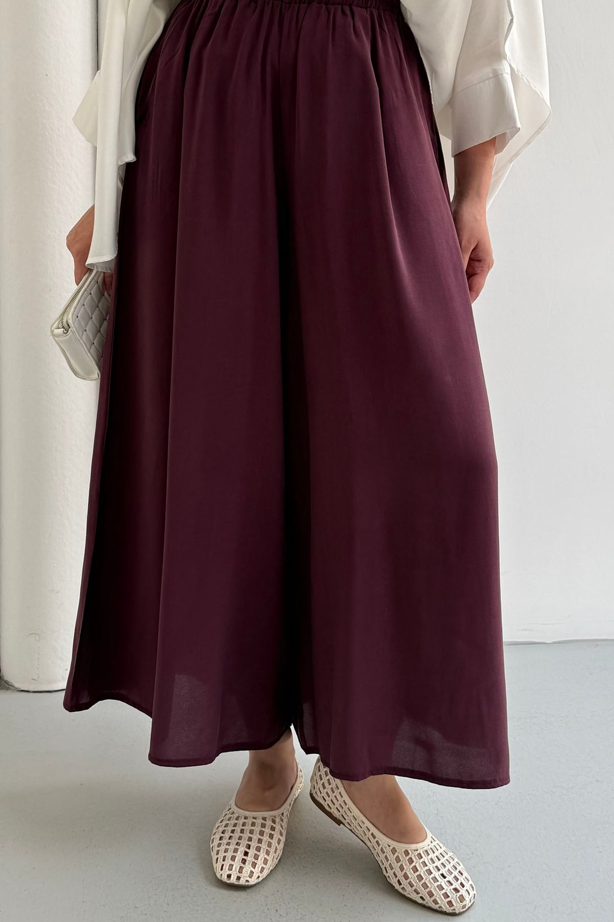 Beli Lastikli Bol Paça Pantolon-BORDO