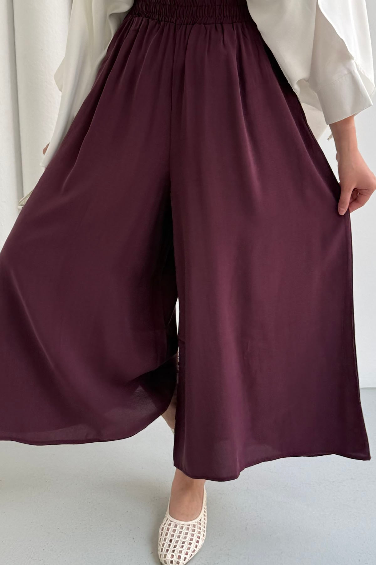 Beli Lastikli Bol Paça Pantolon-BORDO