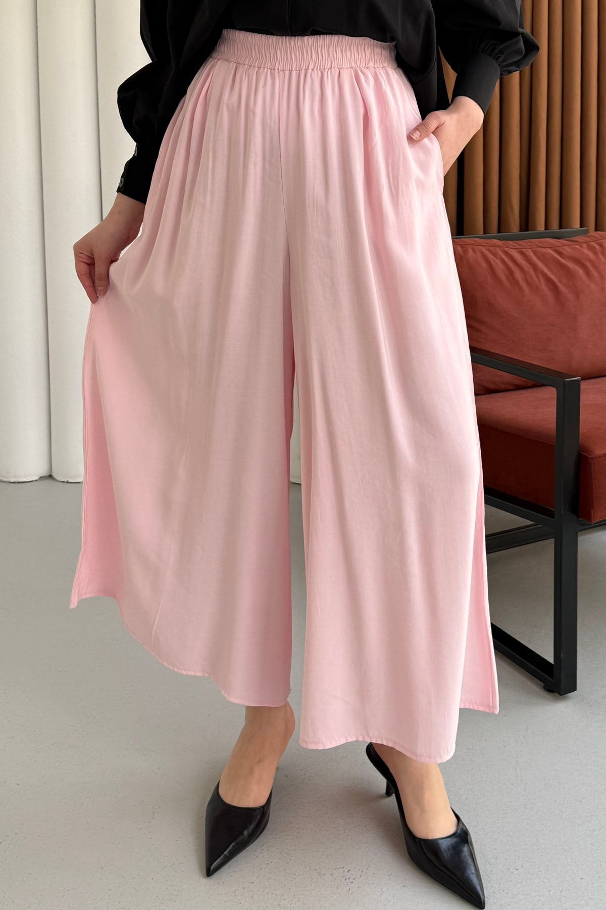 Beli Lastikli Bol Paça Pantolon-PEMBE