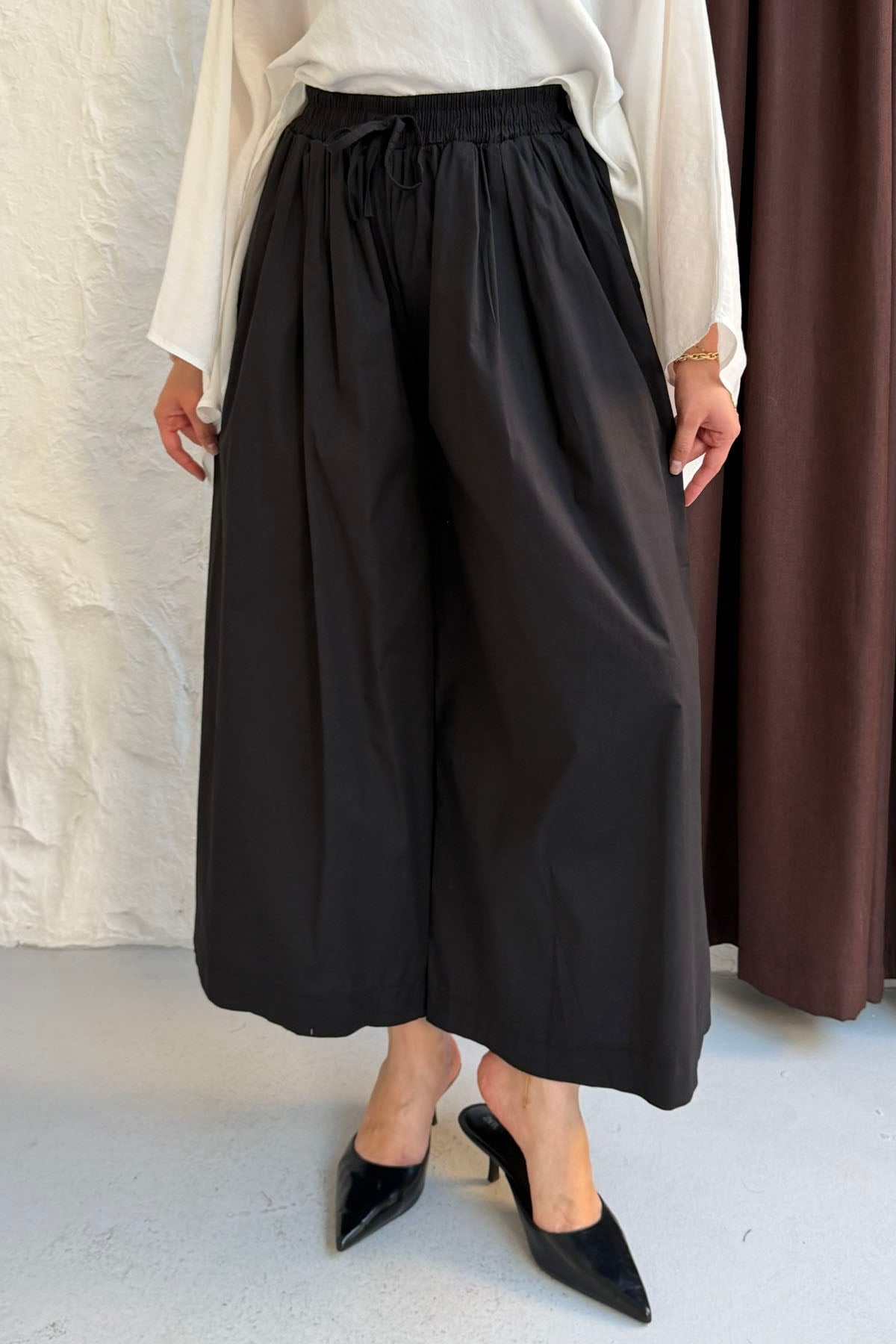 Beli Lastikli Cepli Bol Paça Pantolon-SİYAH