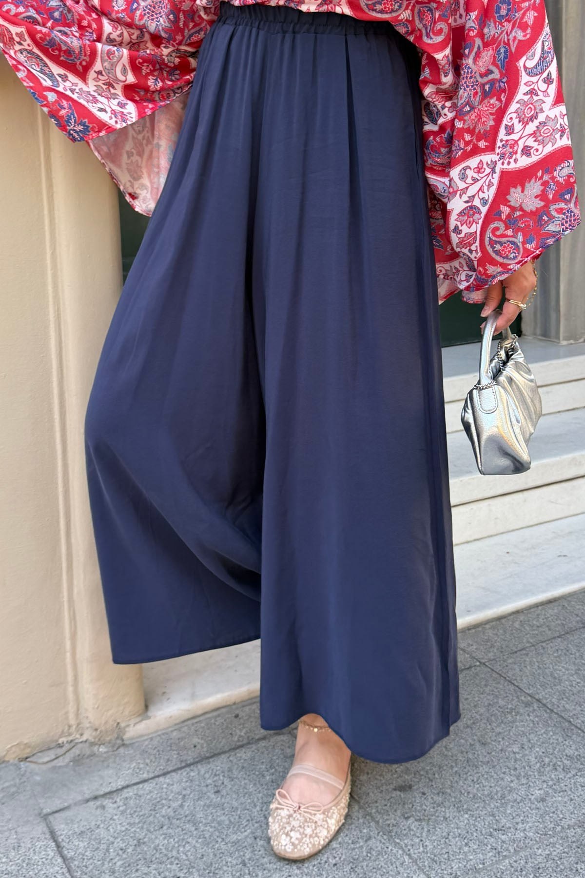 Beli Lastikli Cepli Bol Paça Pantolon-LACİVERT