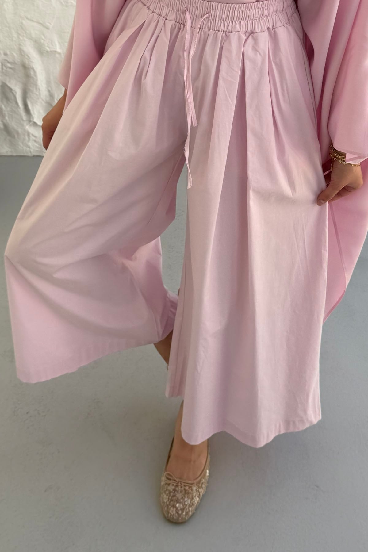 Beli Lastikli Cepli Bol Paça Pantolon-PEMBE
